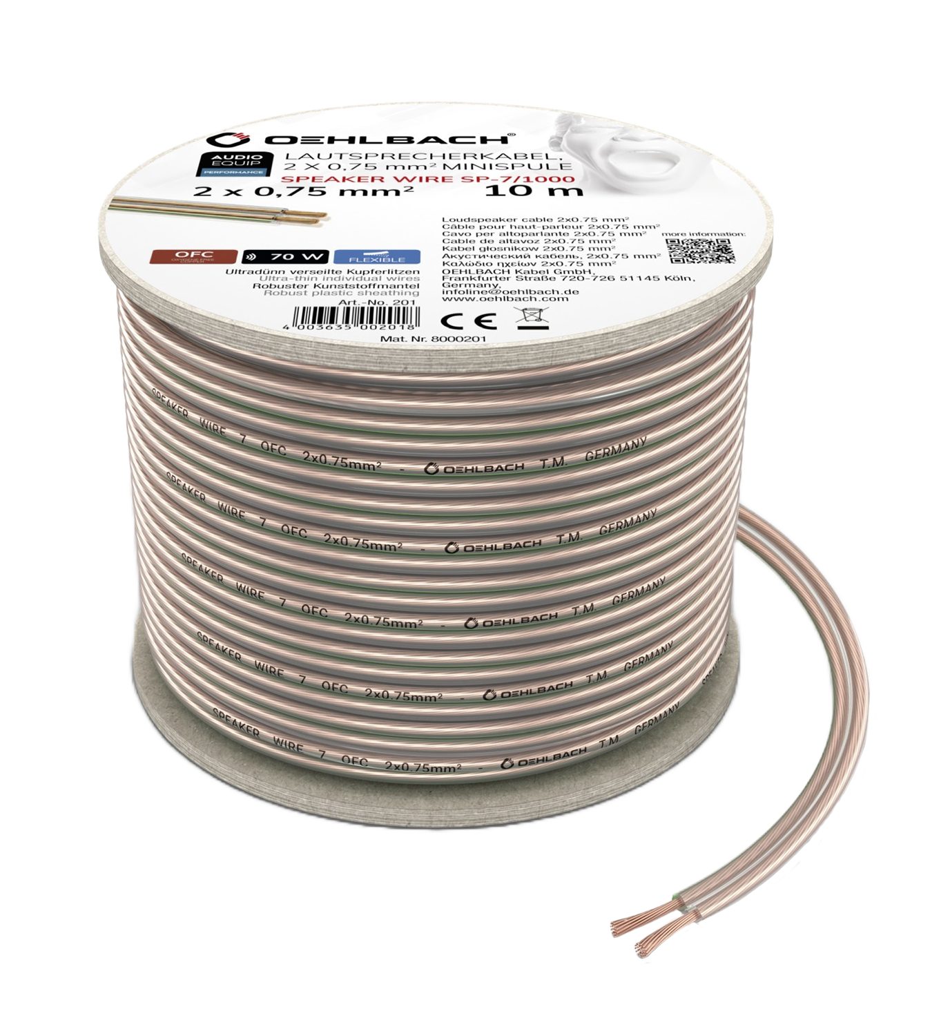 OEHLBACH Speaker Wire SP-7 Lautsprecherkabel 2 x 0,75 mm² Audio-Kabel, offnes Ende, offnes Ende (1000 cm), Hochwertiges Kupfer, Flexibel