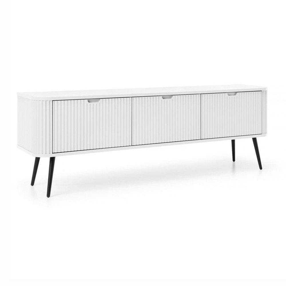 Lomadox Lowboard ZARA-160, in weiß mit Rillen gerillt Füße Metall schwarz 168x56x39 cm