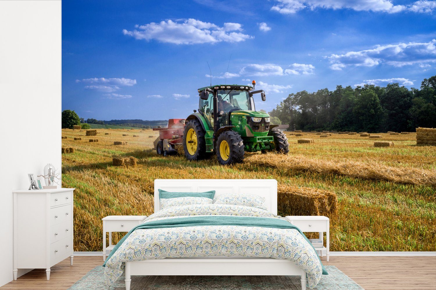 MuchoWow Fototapete Traktor - Bauernhof - Heu - Feld - Sonne - Landleben, Matt, bedruckt, Wallpaper für Wohnzimmer, Schlafzimmer, Vinyl Tapete, 390x260 cm