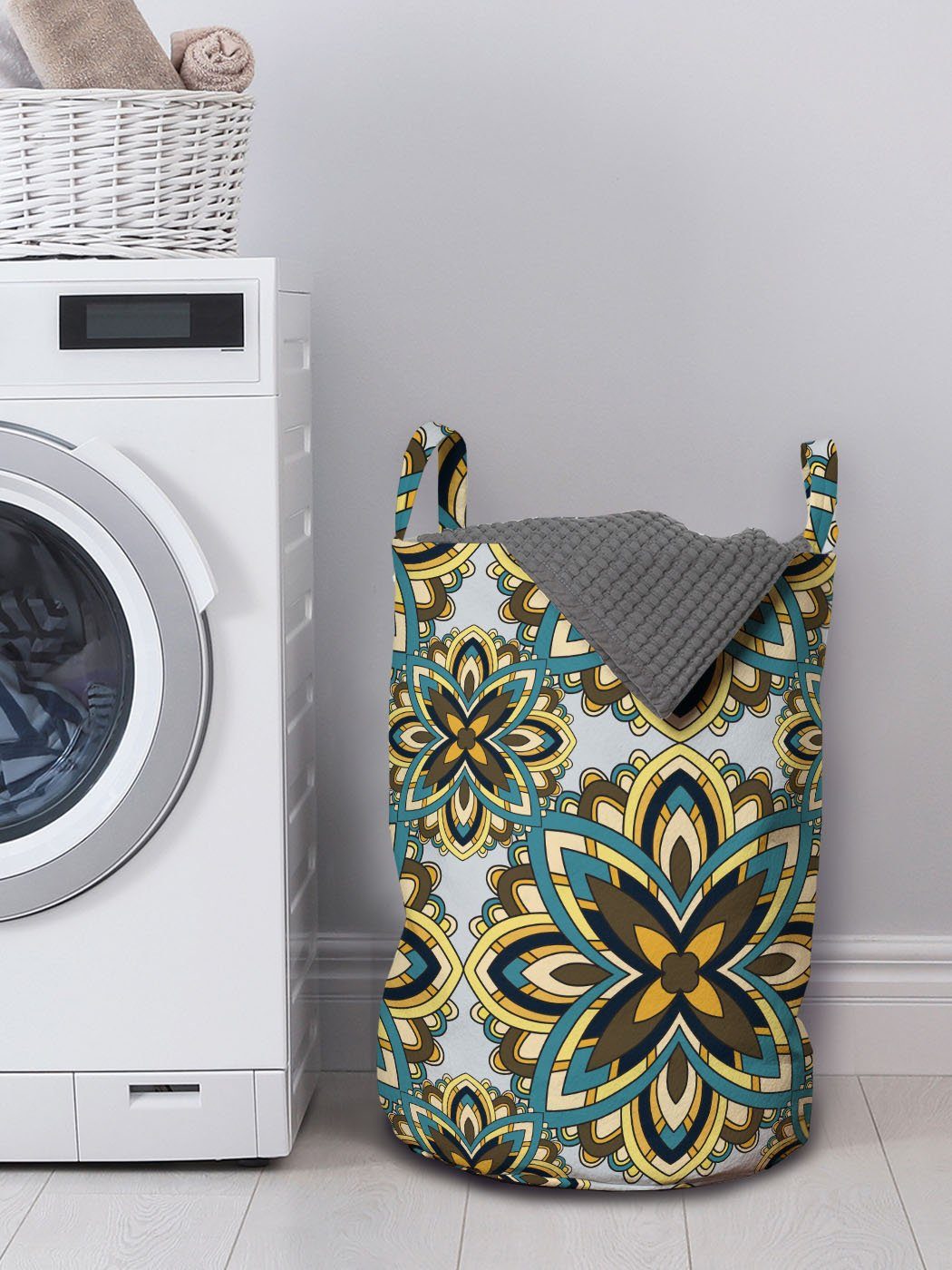 Wäschekorb Abakuhaus Griffen Kordelzugverschluss für Motiv-Muster mit Wäschesäckchen Mandala Waschsalons,