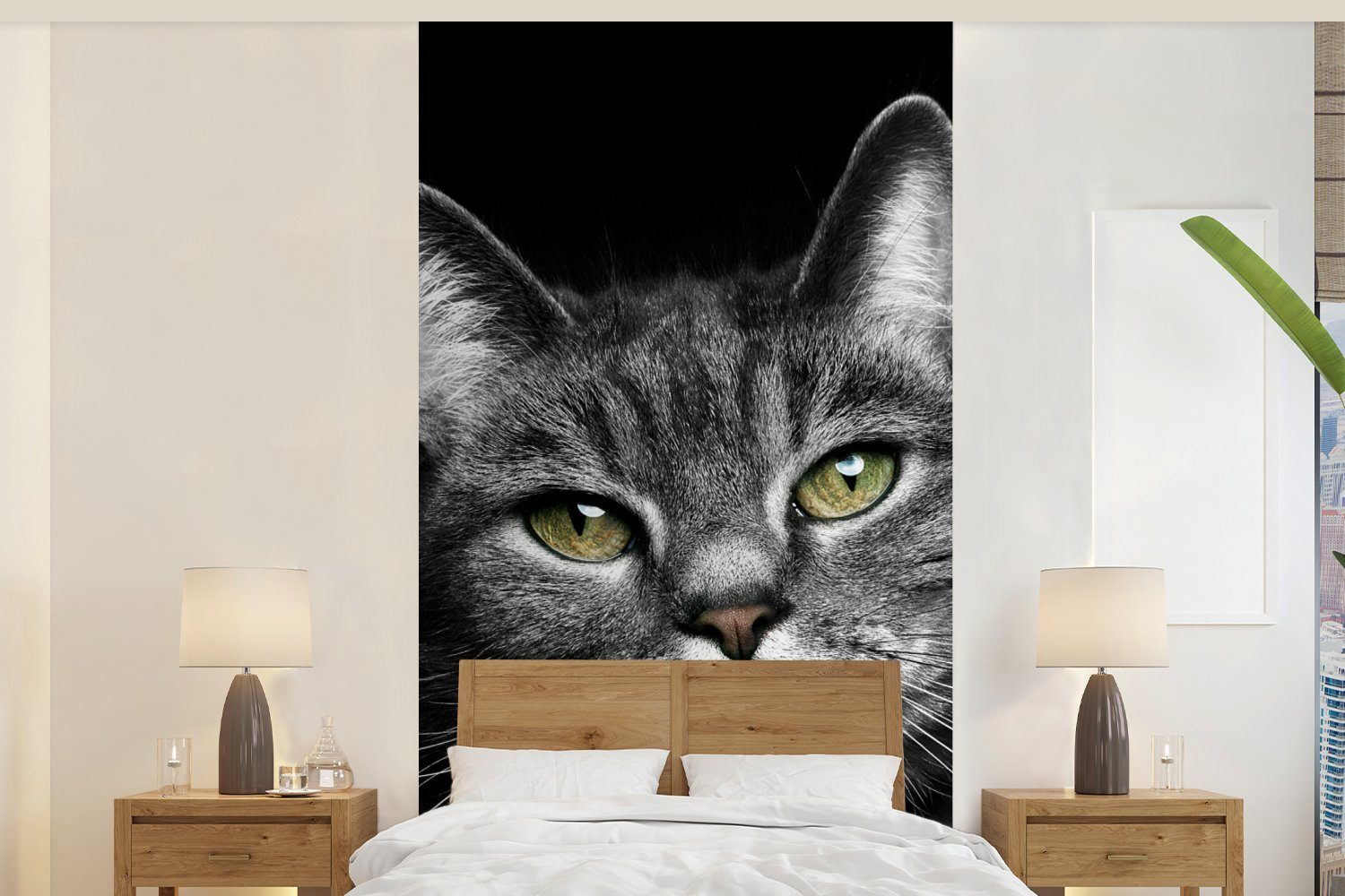 MuchoWow Fototapete Haustiere - Katze - Tiere - Schwarz - Weiß, Matt, bedruckt, (2 St), Vliestapete für Wohnzimmer Schlafzimmer Küche, Fototapete