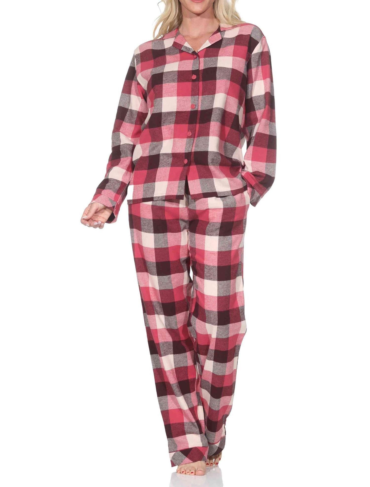 Normann Pyjama Normann Damen Flanell Schlafanzug lang mit Knopfleiste und Hemdkragen