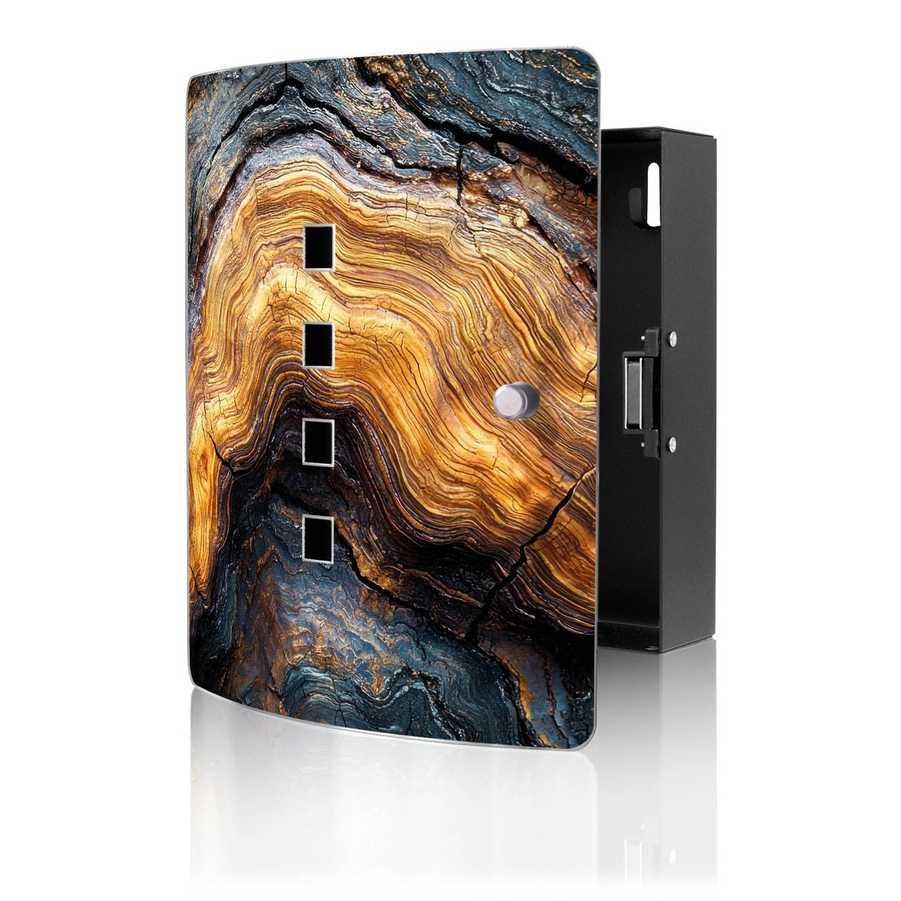 banjado Schlüsselkasten Edelstahl mit Motiv Holz Gemasert Fluss Gold (verstellbarer Magnetverschluss, mit 10 Haken, gebogene Tür, einstellbarer Magnet), 24 x 21,5 x 7 cm