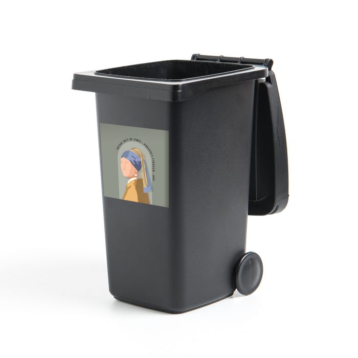 MuchoWow Wandsticker Pastell - Mädchen mit Perlenohrring - Grün - Alte Meister (1 St) Mülleimer-aufkleber Mülltonne Sticker Container Abfalbehälter