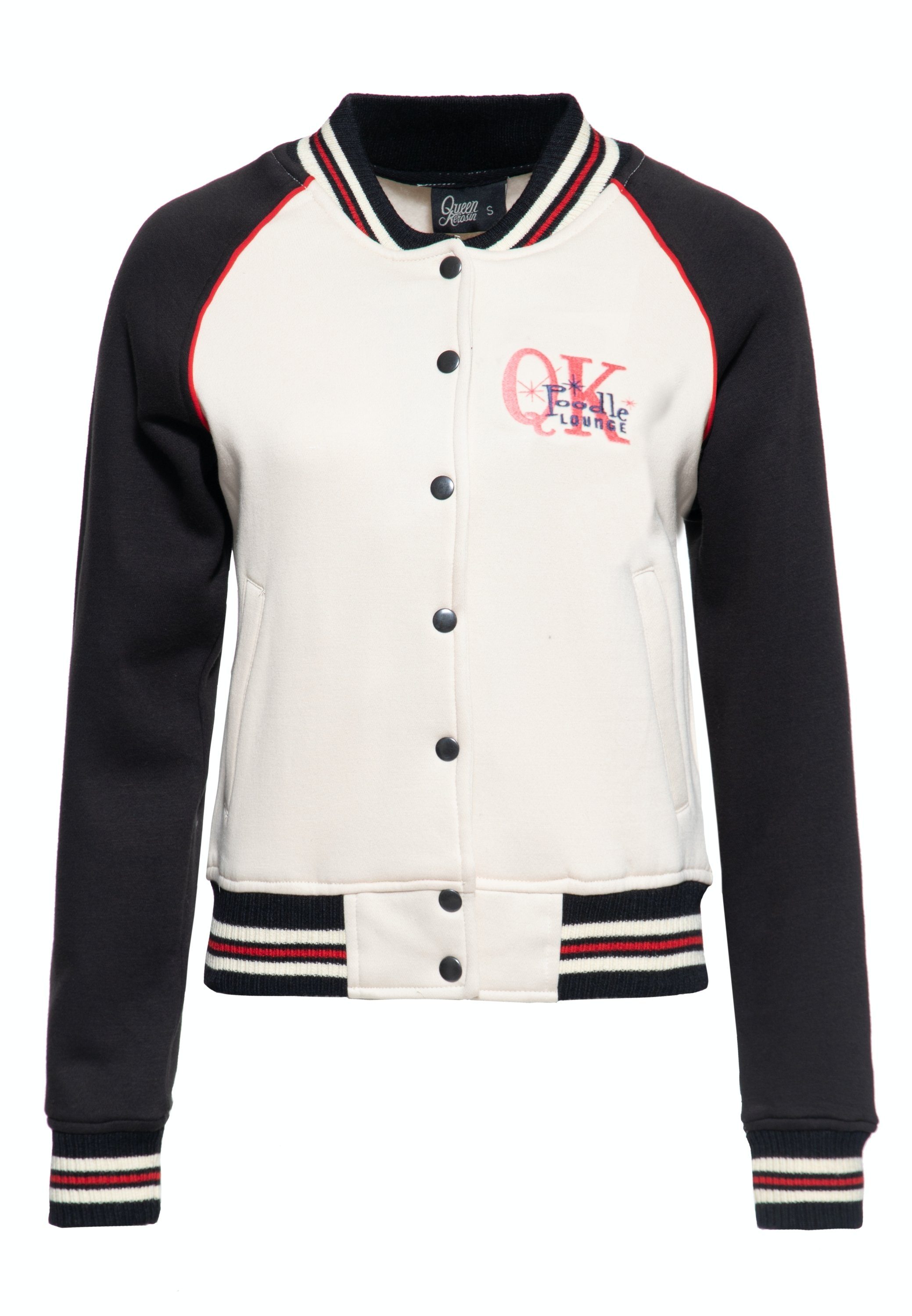 schwarz mit Lounge QueenKerosin Collegejacke Poodle Raglan-Ärmeln Kontrast