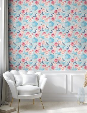 Abakuhaus Vinyltapete selbstklebendes Wohnzimmer Küchenakzent, Jahrgang Blumen-Rosen-Teekanne