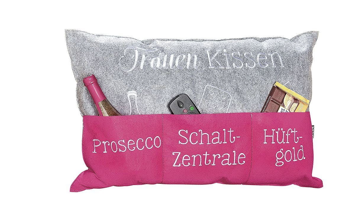 GILDE Dekoobjekt Frauenkissen hellgrau/pink mit Taschen, bestickt "Prosecco" / "Schaltz