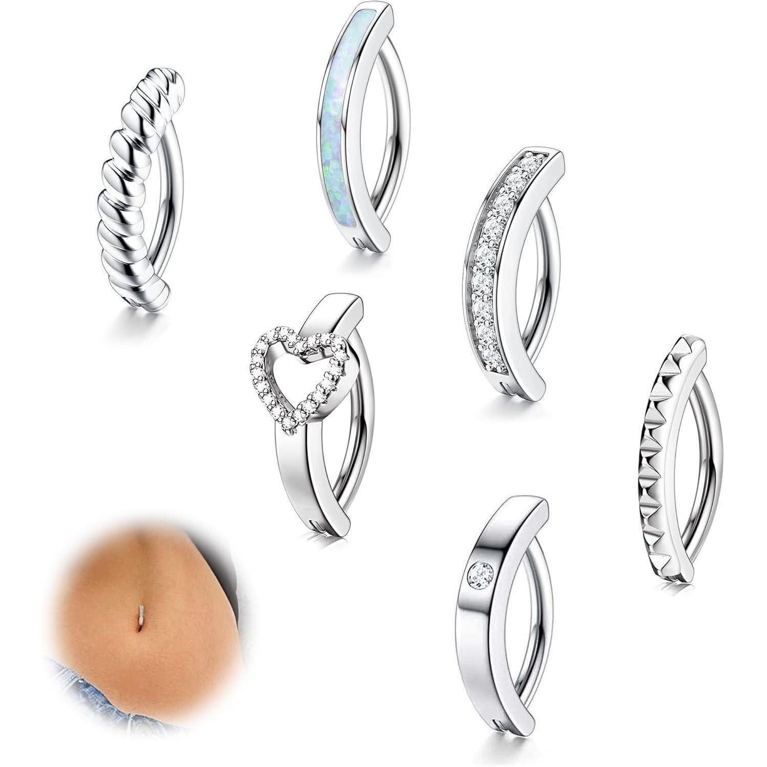 FIOROYAL Bauchnabelpiercing-Set 6er Set Bauchnabelpiercing Gold Silber CZ Opal Herz Ring Belly