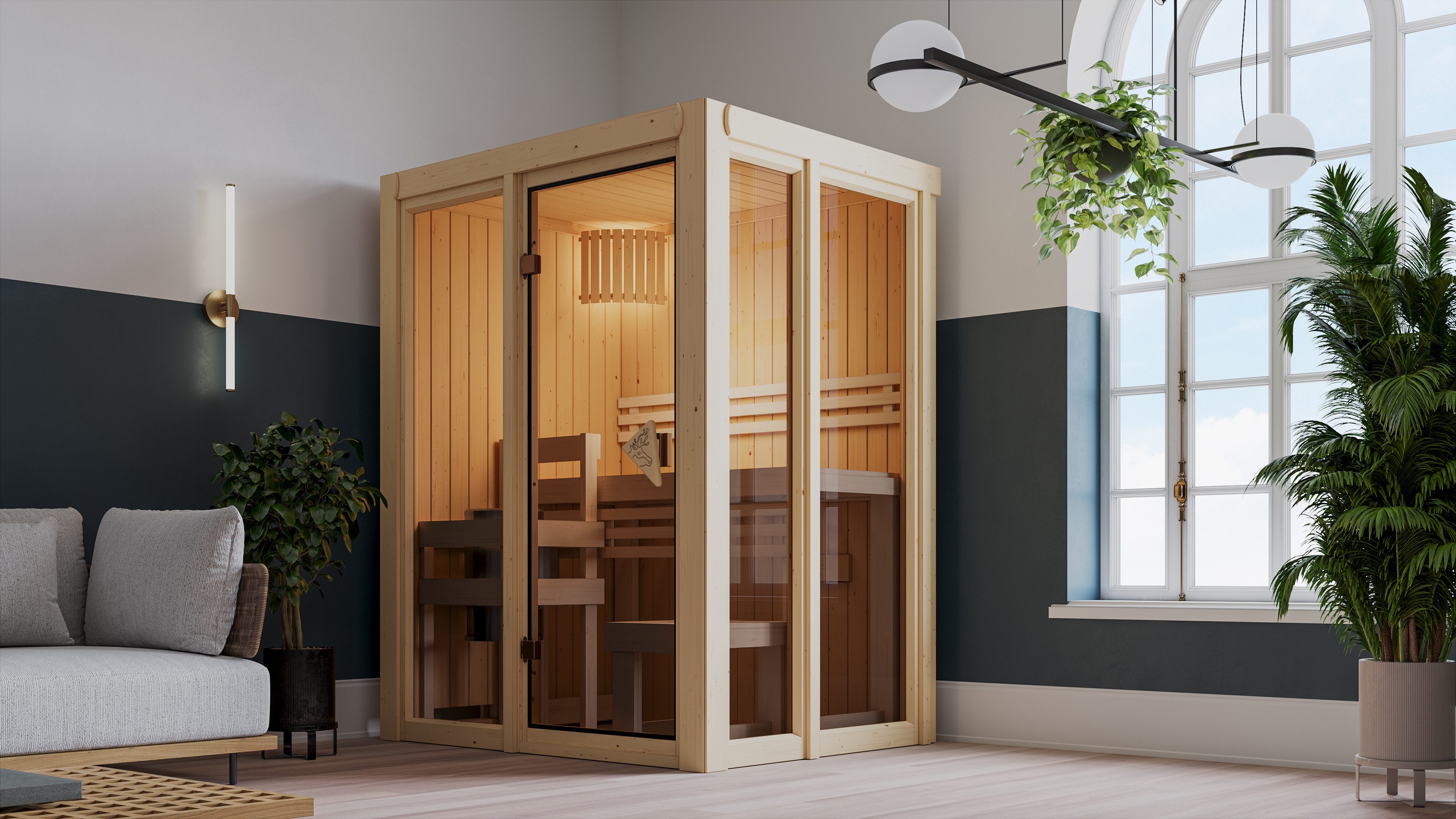Karibu Sauna Ivana 1, BxTxH: 155 x 122 x 198 cm, 68 mm, Ganzglasfront, 3,6 kW Ofen mit intgr. Steuerung