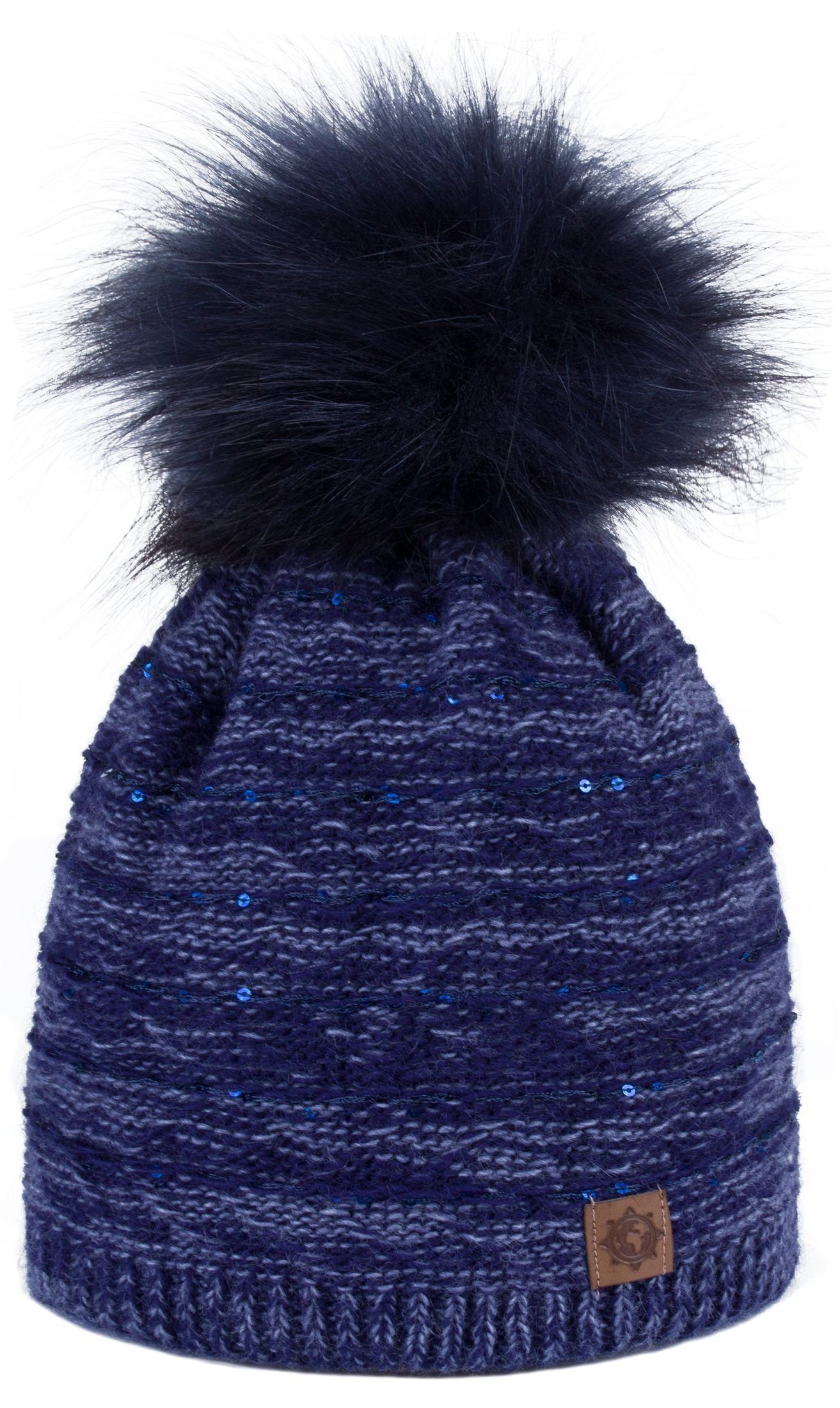 compagno Bommelmütze (1-St) Wintermütze dunkelblau Damenmütze Beanie Pailetten Strickmütze Damen