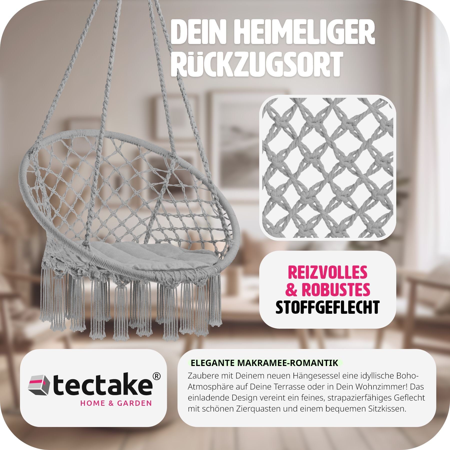 tectake Hängesessel Hängeschaukel mit Sitzpolster, Belastbarkeit 150 kg, 80 x 72 x 125 (Hängestuhl Jane, in Grau), stabil und strapazierfähig für Indoor und Outdoor