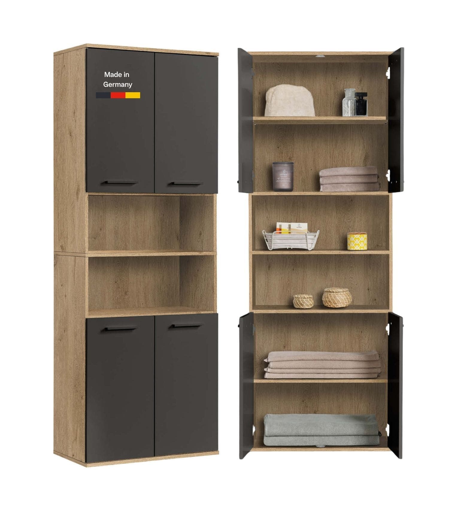 mokebo Hochschrank Der Kapitän (180x33x34 cm, mit 5 Einlegeböden) Made in Germany, hoher Badschrank, Badezimmerschrank in Eiche