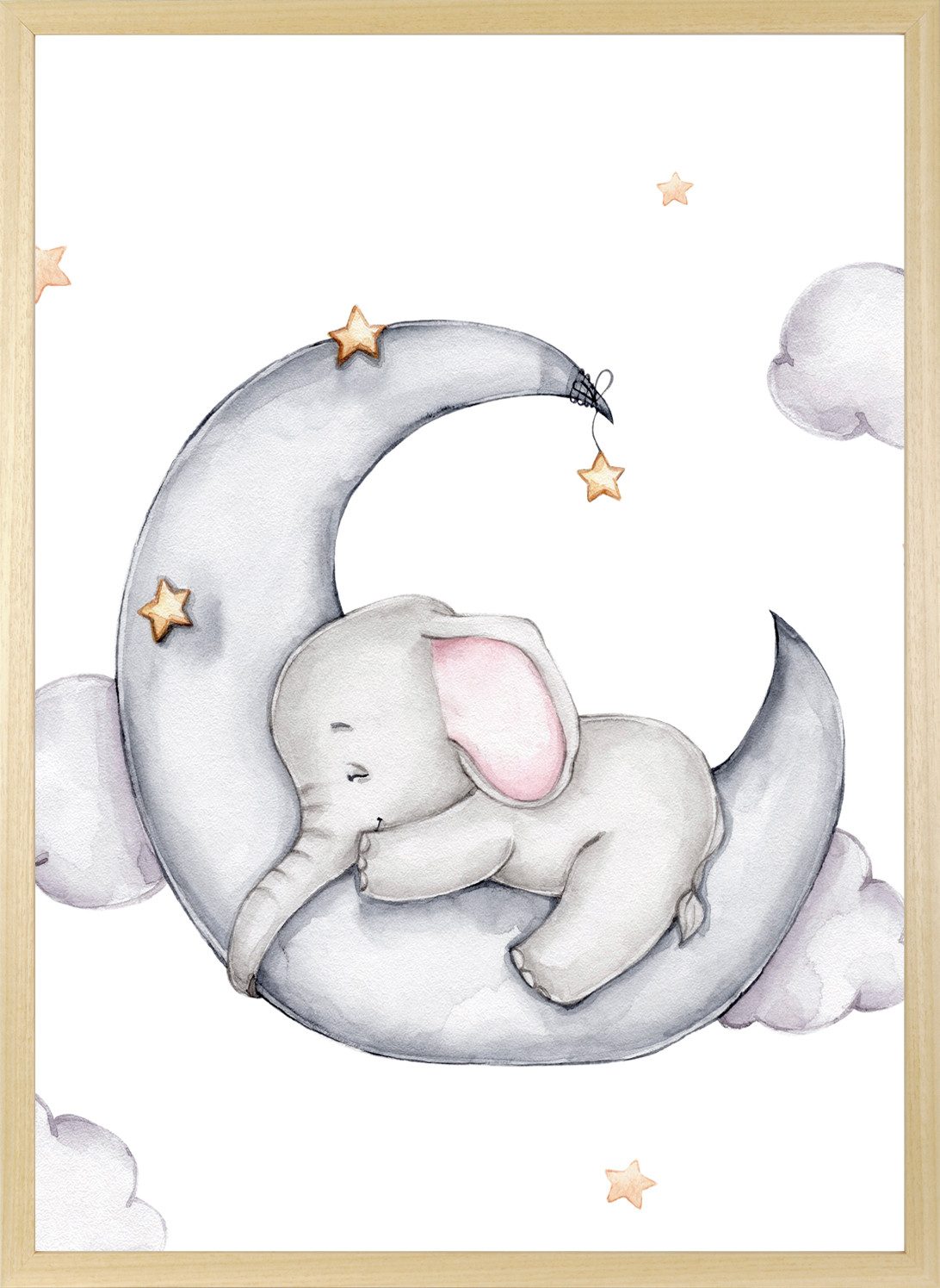 queence Bild mit Rahmen Elefant auf Halbmond, Bilder vom Sternenhimmel, Elefant, Elefanten, Elefanten Bilder, Himmel, Himmelsbilder, Stern, Sterne, Tiere, Wolken (1 St), HD Premium Posterdruck mit Echtholzrahmen