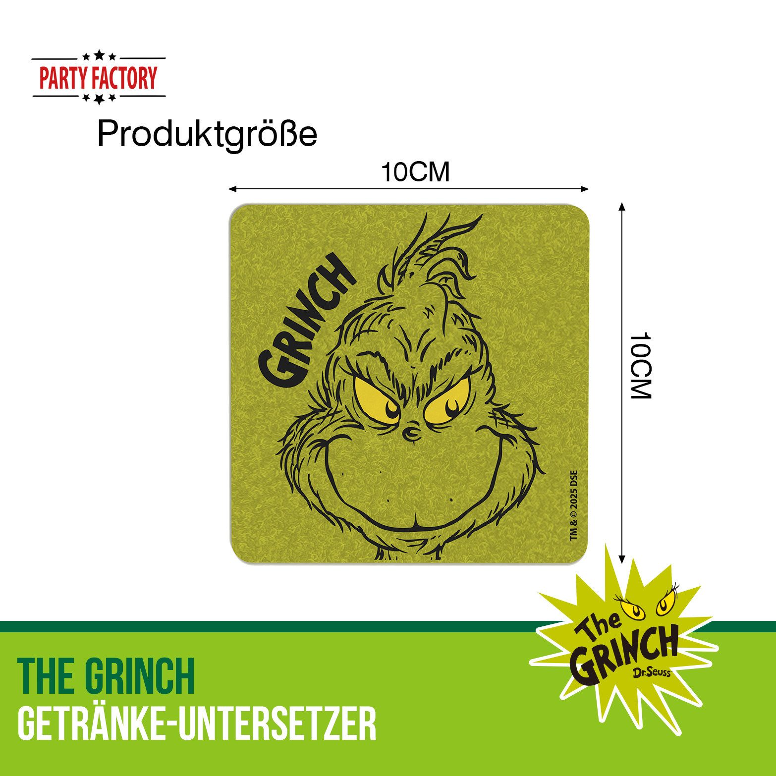 Party Factory Getränkeuntersetzer The Grinch Getränke-Untersetzer 4er Set grün – Weihnachts Tischdeko, 4-tlg., The Grinch