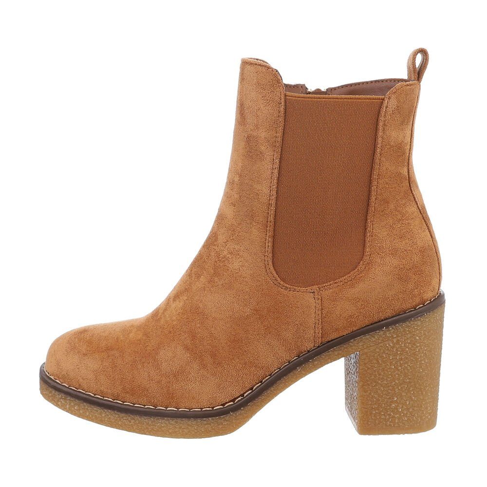 Ital-Design Damen Freizeit High-Heel-Stiefelette Blockabsatz High-Heel Stiefeletten in Camel