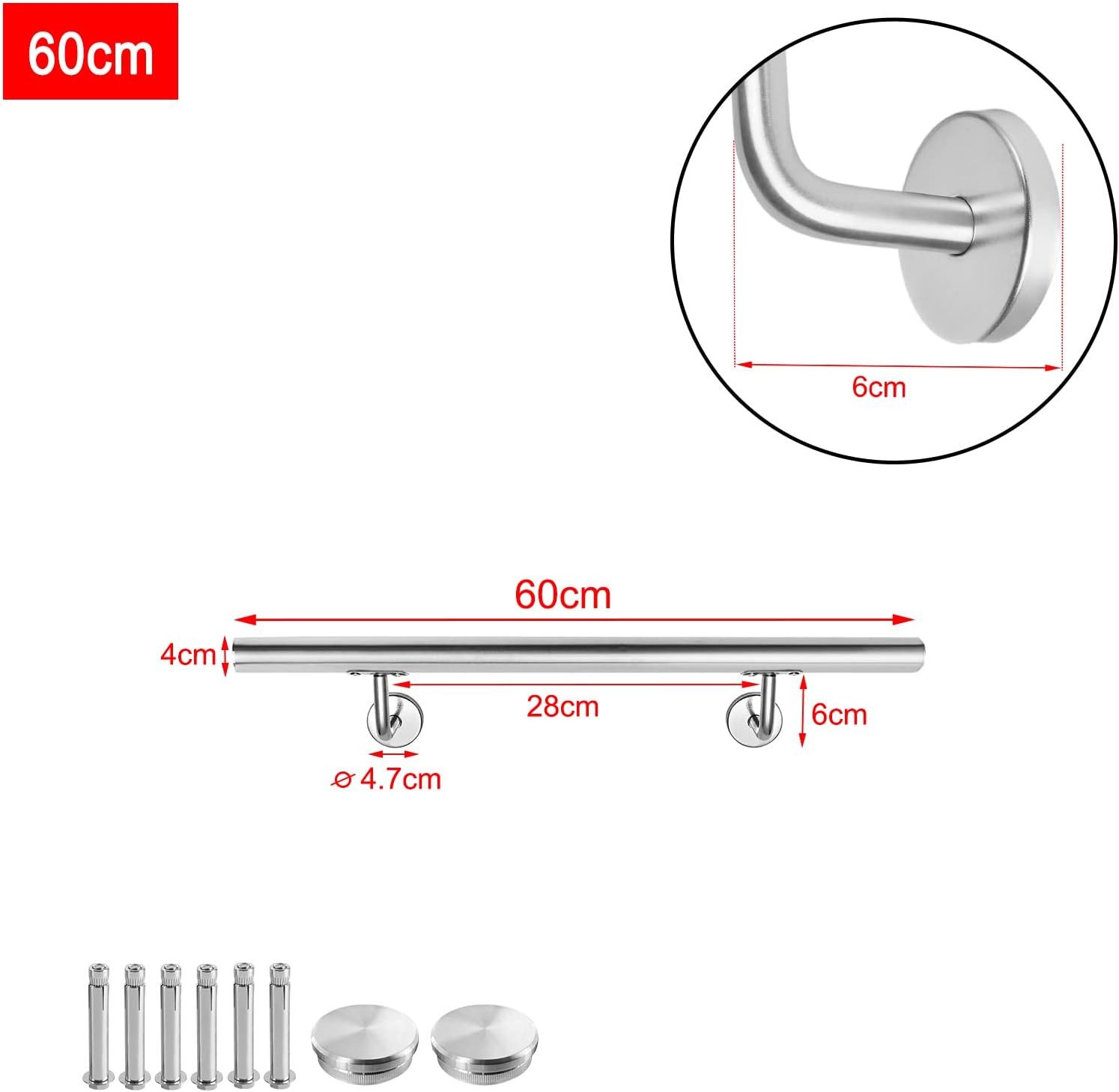 FIVMEN Treppengeländer Wandhandlauf Handlauf Edelstahl mit Wandhaltern Halter, 60 cm Länge, 60/80/100/120/150/160/180/200cm, für Treppen, Balkon, Brüstung