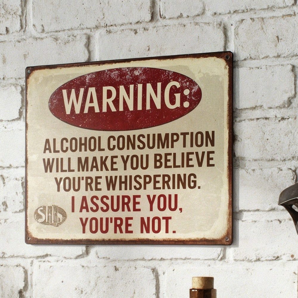 Antikas Wanddekoobjekt Blechschild aus Eisen, Warning Alcohol im Vintage-Stil, L.25 cm