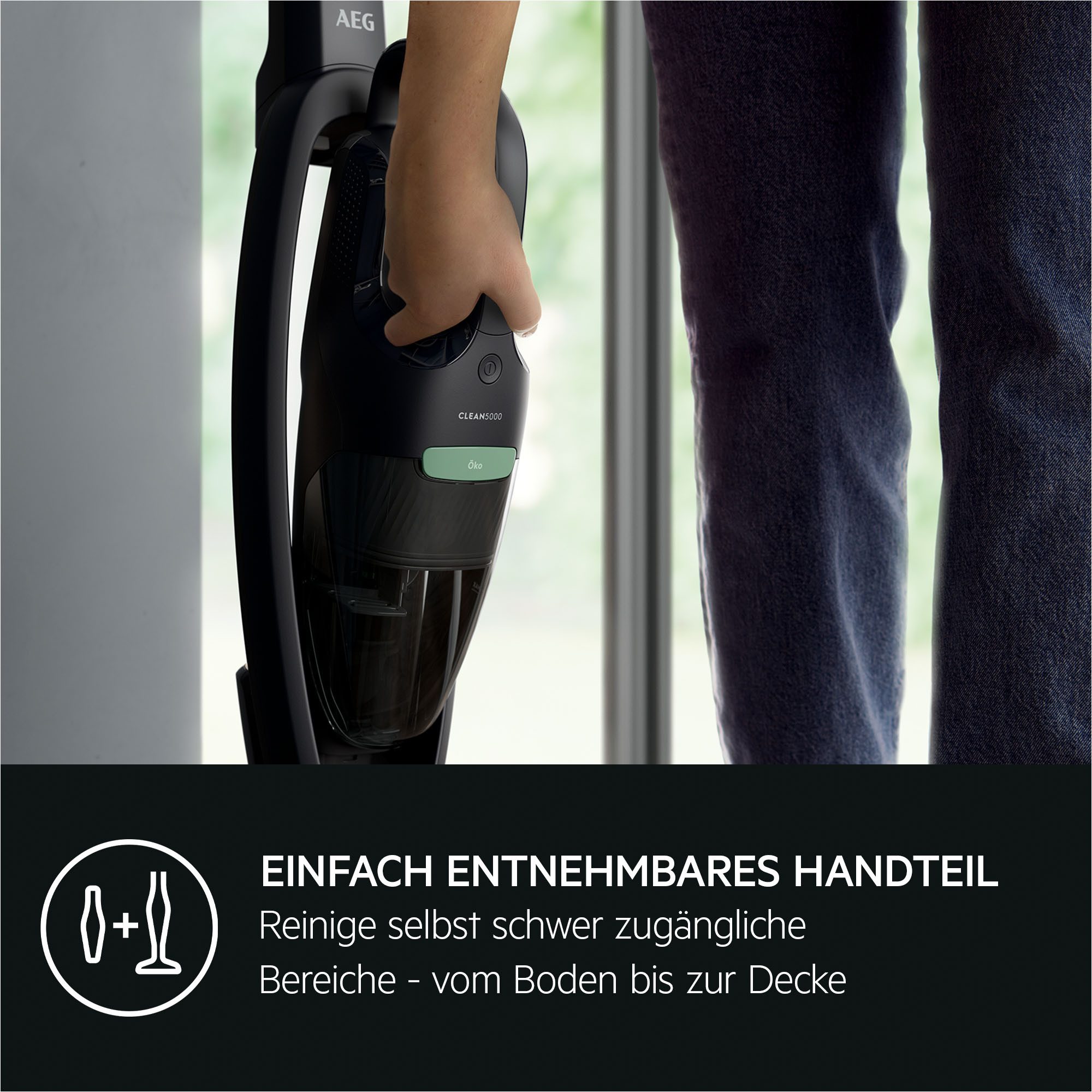 AEG Akku-Hand-und Stielstaubsauger CLEAN 5000 ÖKO (AS52B21OKO), beutellos, 2in1, leise 79 dB(A), 74 % Recyclingmaterial, bis zu 50 Min. Laufzeit