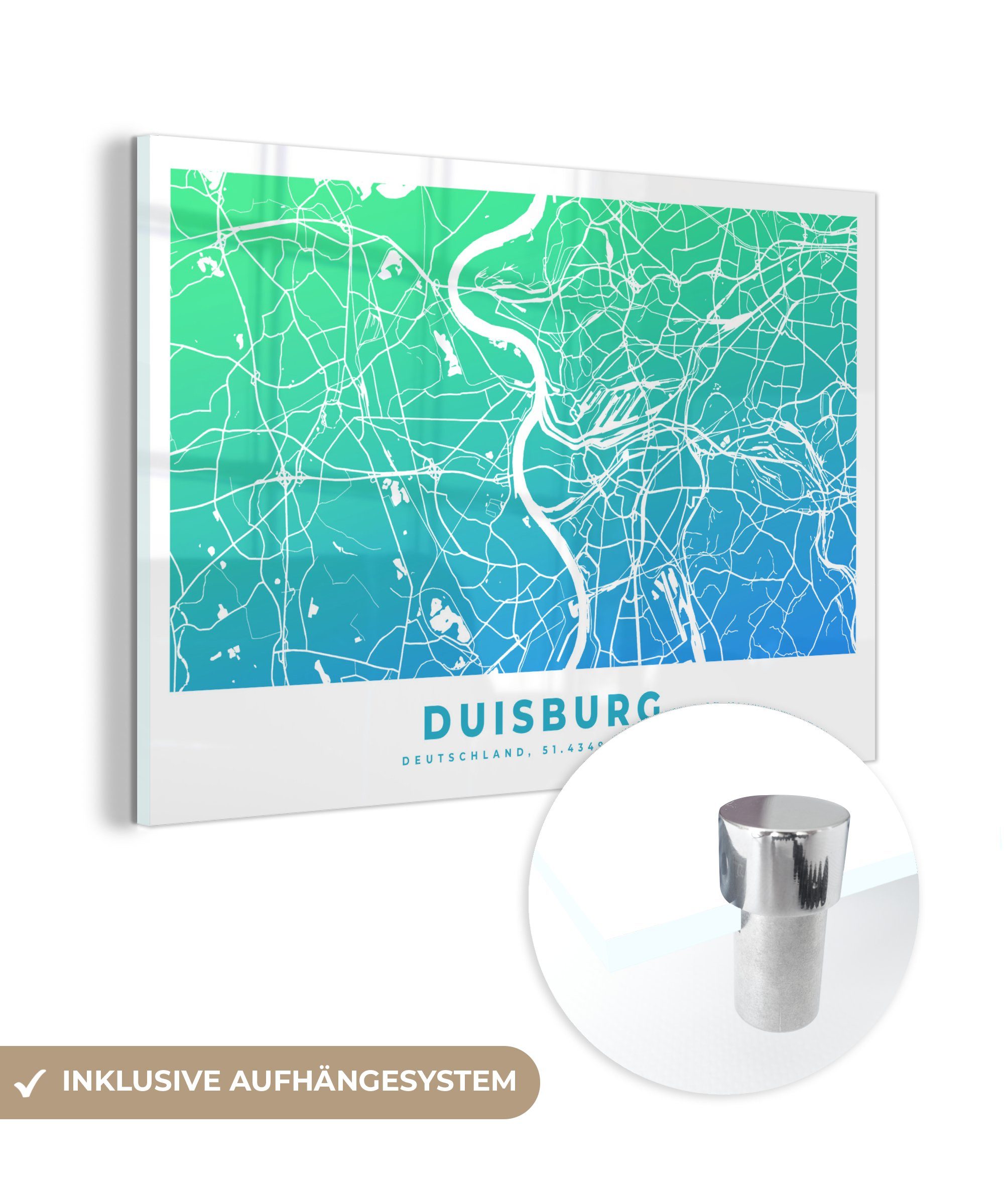 MuchoWow Acrylglasbild Duisburg - Stadtplan - Deutschland, (1 St), Acrylglasbilder Wohnzimmer & Schlafzimmer