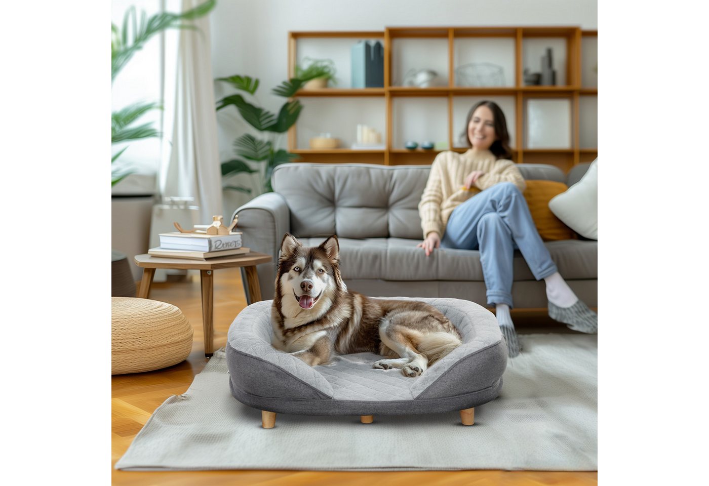 Thumbnail - PawHut Tierbett Waschbarer Bezug, mit Rückenlehne und Holzbeine, Polyester, für mittelgroße Hunde unter 25 kg, Grau