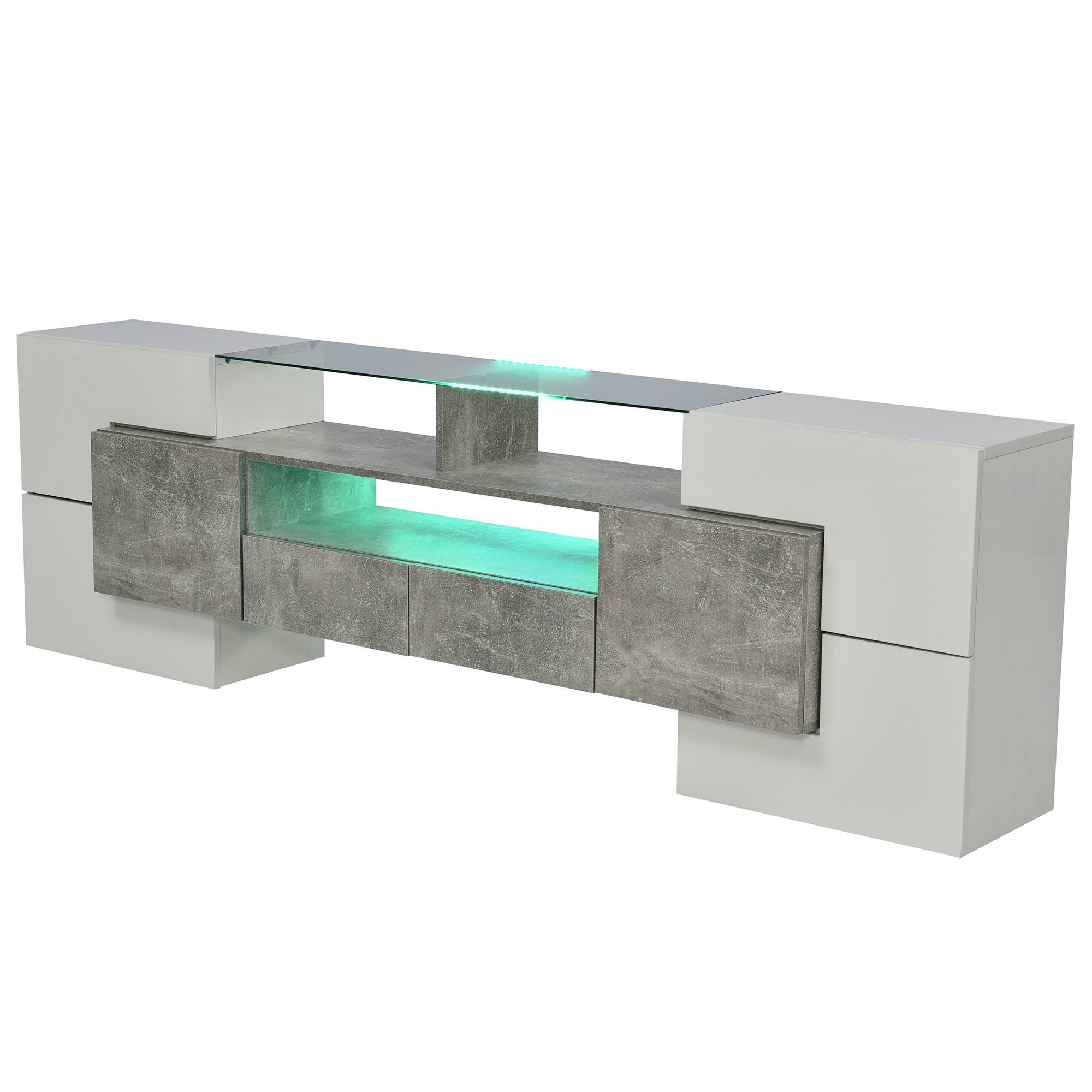 Merax Lowboard mit LED-Beleuchtung und Glasplatte, TV-Schrank mit hochglänzenden Korpus,Betonoptik,Breite 200 cm