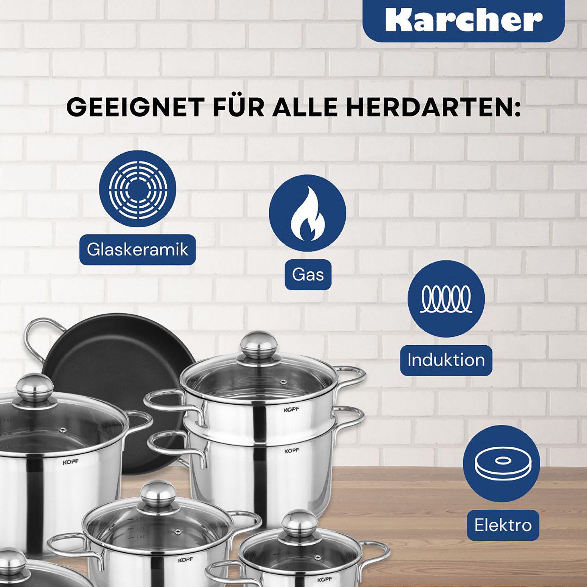 Kopf Topf-Set Josie, Edelstahl (14-tlg), Induktionstöpfe mit Schüttrand, Literskala und Glasdeckel