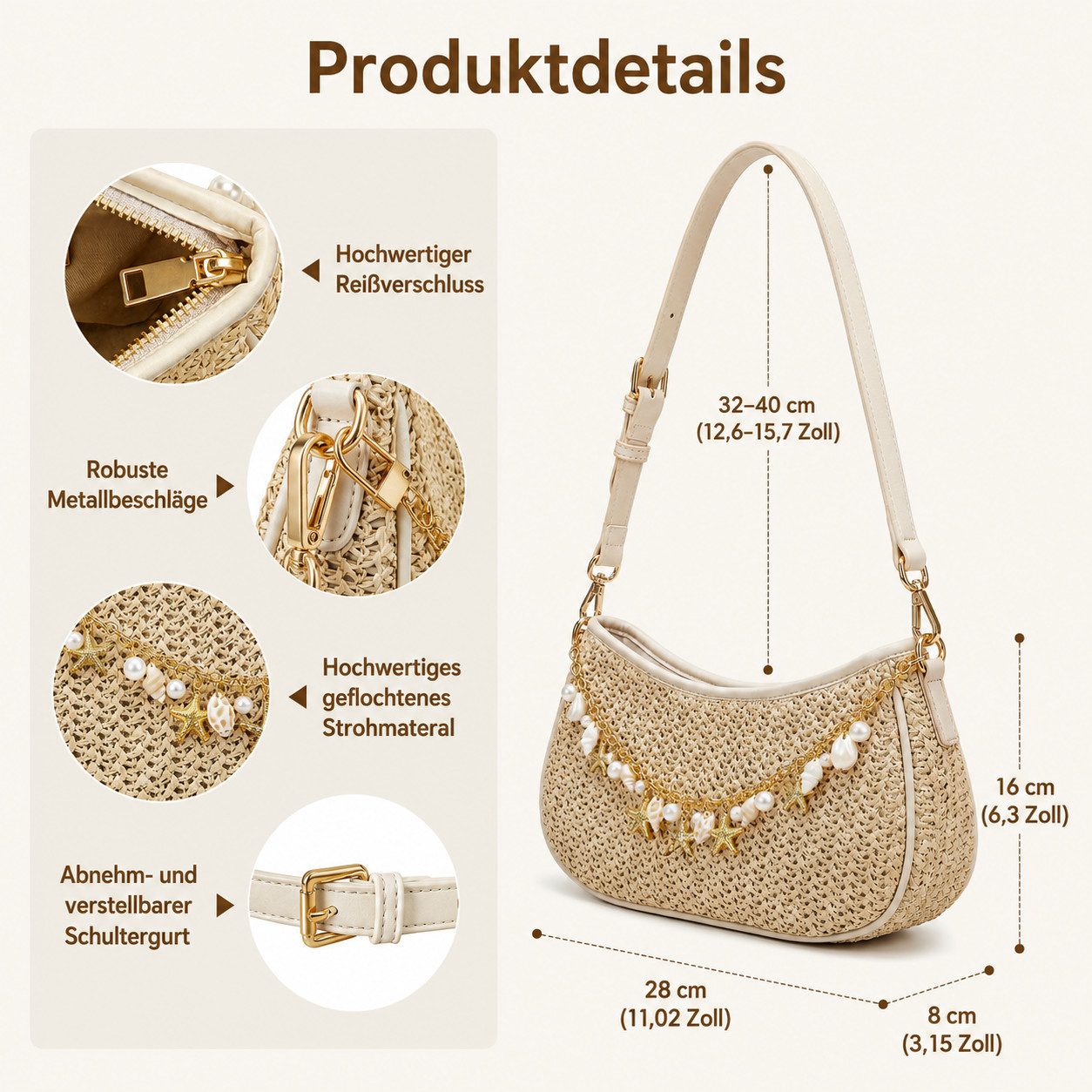 nsihing Schultertasche Schultertasche Damen Stroh, Geflochtene Basttasche Boho, Mit Anhängerkette, Verstellbarem Gurt für Strand & Urlaub