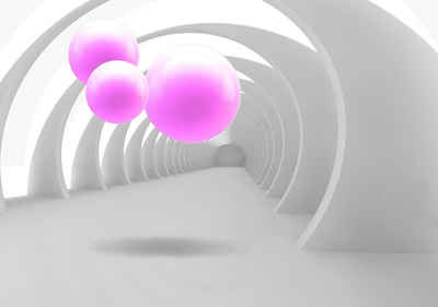 wandmotiv24 Fototapete weiss Korridor 3D magenta Kugeln, strukturiert, Wandtapete, Motivtapete, matt, Vinyltapete, selbstklebend