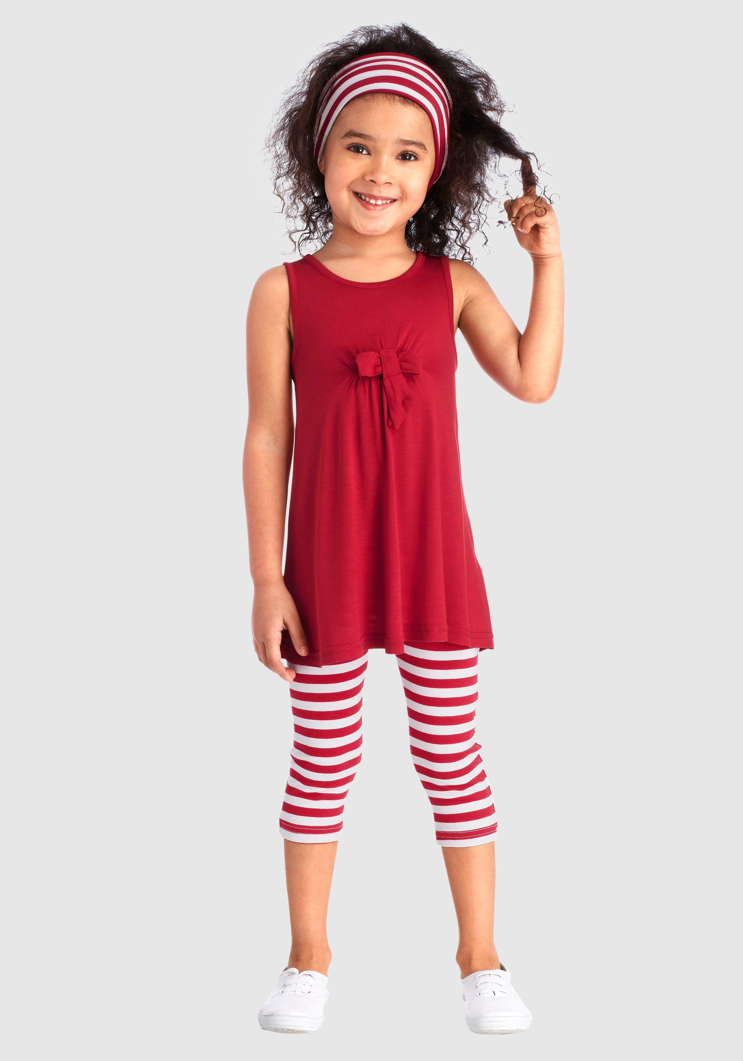 Capri rot-weiß geringelt Haarband 3-tlg) KIDSWORLD Haarband und (Set, & maritim Kleid, Leggings