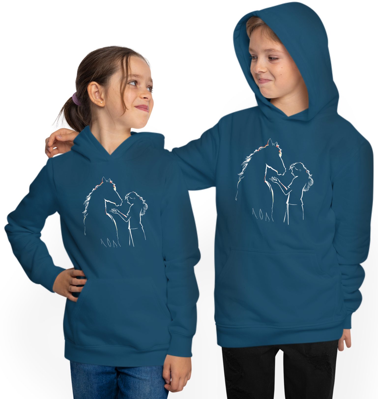 MyDesign24 Hoodie Kinder Kapuzen Sweatshirt - Pferde Hoodie Silhouette mit Frau Kapuzensweater mit Aufdruck i139