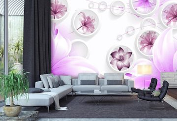 wandmotiv24 Fototapete violett Blumen 3D Kreise Abstrakt, glatt, Wandtapete, Motivtapete, matt, Vliestapete