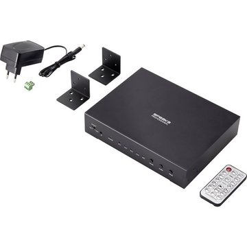 Mehrfachverlängerung 4x1 Vierfach-KVM-Switch, Multi-View, SpeaKa Professional, (KVM-SwitchNetzteil mit 12 VDC/2 AFernbedienung (incl. CR2025-Batterie)2 x L-förmige GerätefüßePhoenix-Stecker für RS232-Kabelanschluss6 x SchraubenAnleitung), KVM-Umschalter