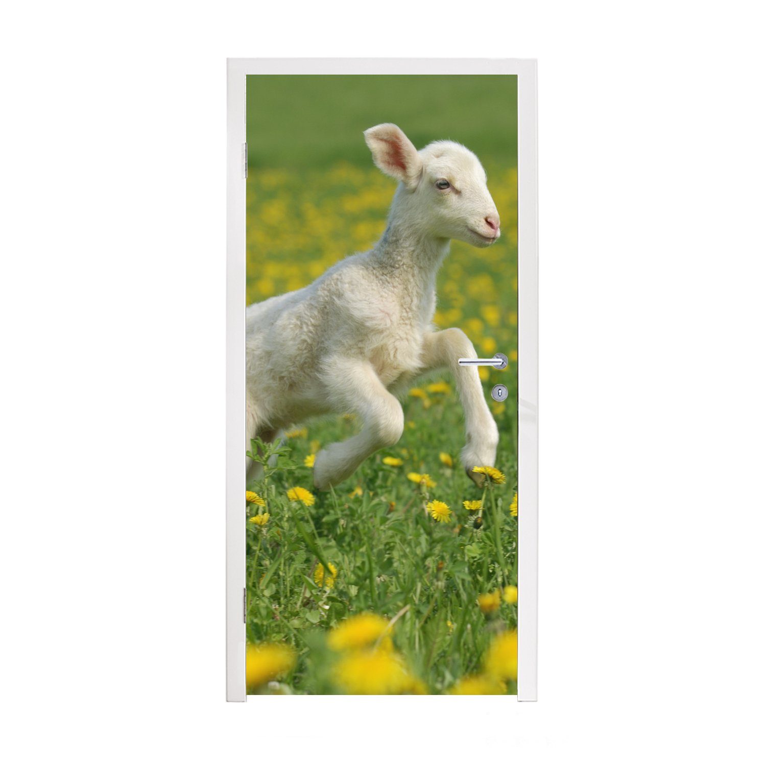 MuchoWow Türtapete Schafe - Blumen - Gelb, Matt, bedruckt, (1 St), Fototapete für Tür, Türaufkleber, 75x205 cm | Türtapeten