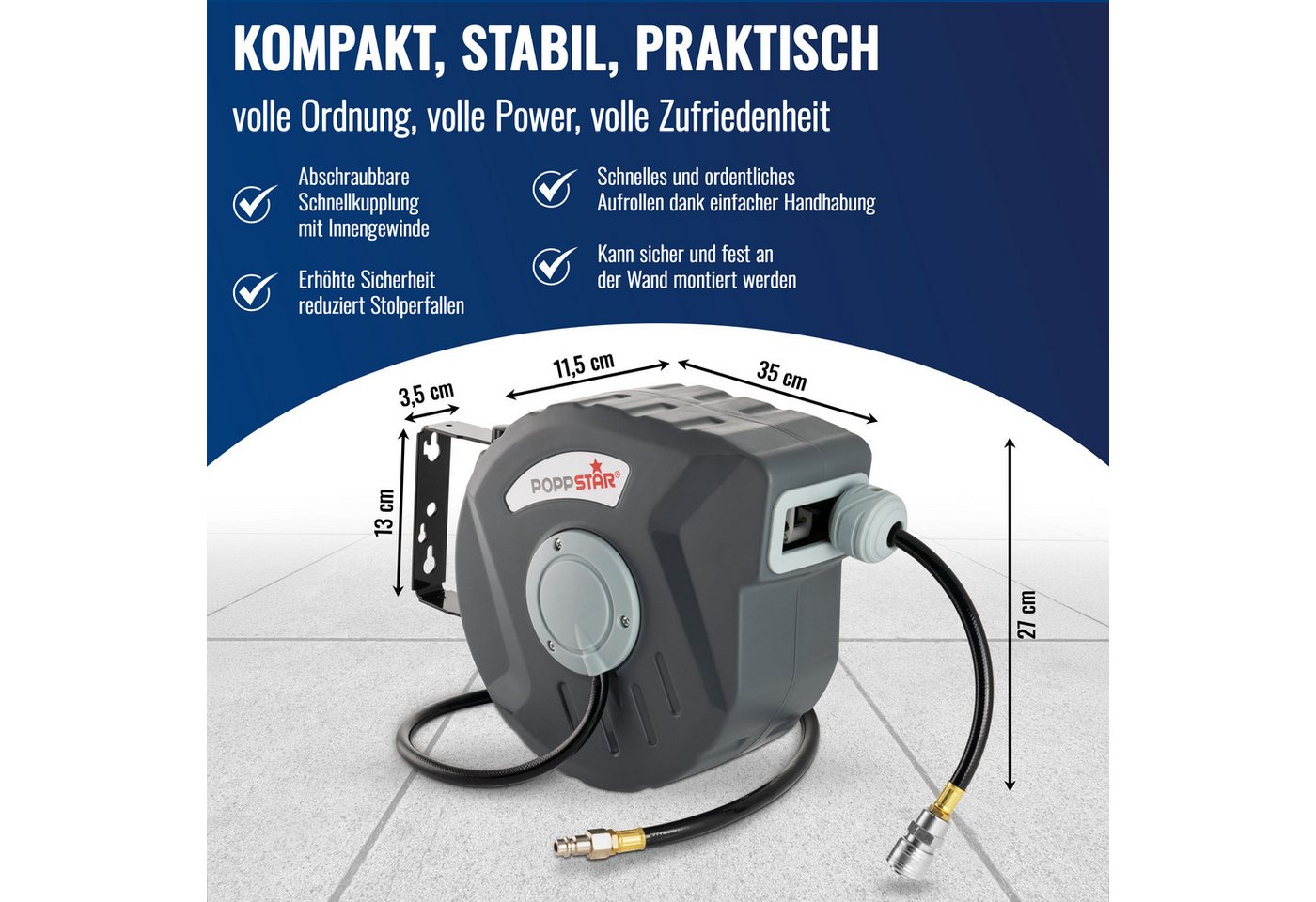 Thumbnail - Poppstar Schlauchtrommel Automatik Aufroller für Druckluft Schlauch, Druckluftschlauchtrommel mit Schlauch: 10m + 1m (ID...