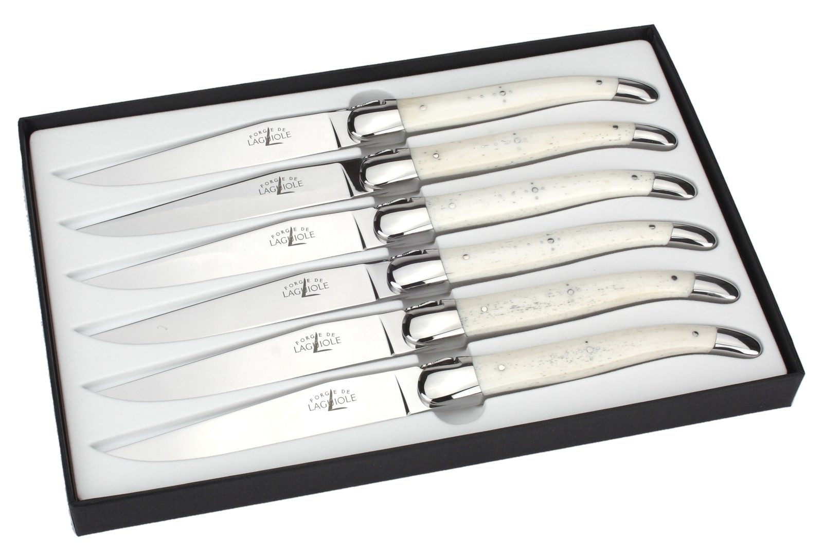 Forge de Laguiole Steakmesser T6 2M IN OS BRI 6er Set - Griff Rinderknochen - Stahl glänzend - Aufbewahrungsbox
