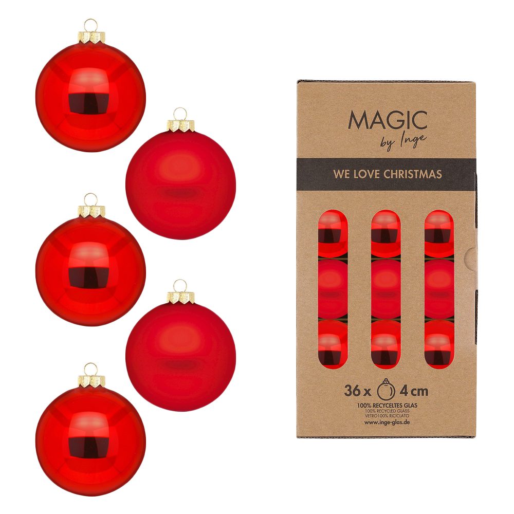 MAGIC by Inge Weihnachtsbaumkugel Glas Christbaumkugeln Set Ø4cm, Ø6cm oder 8cm, Merry Red (36 St), Kugeln aus Glas