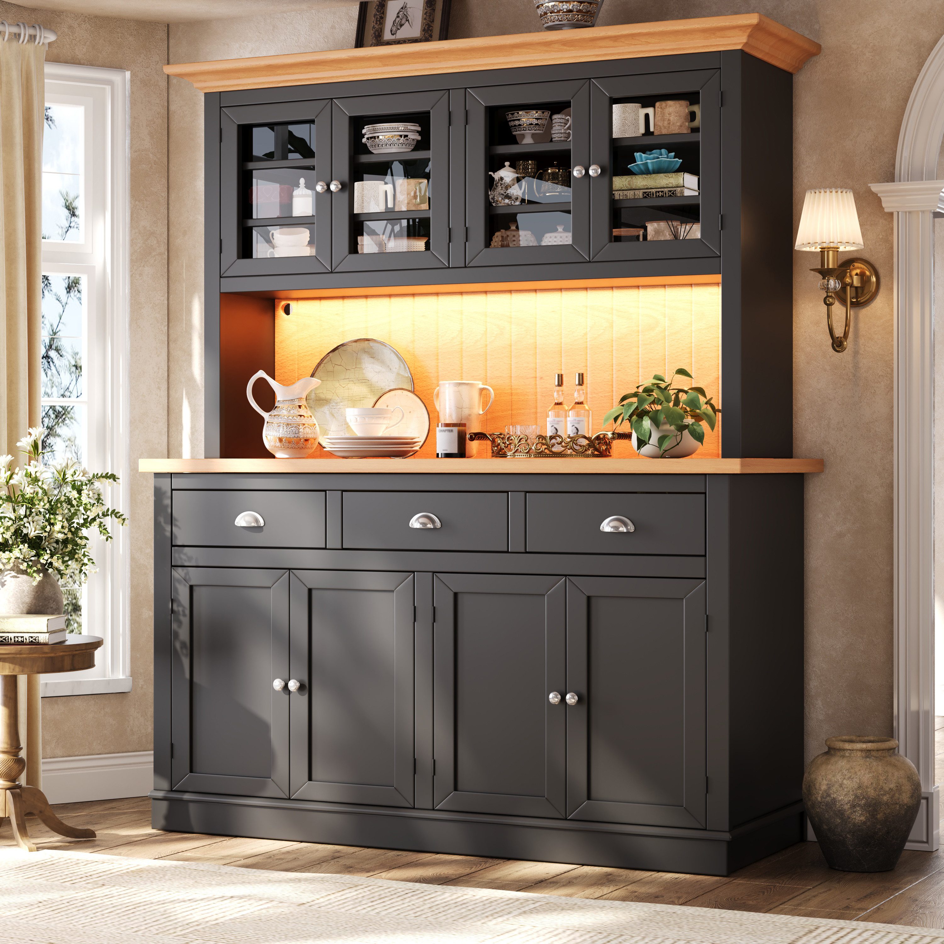 Flieks Küchenbuffet Hochschrank mit LED-Beleuchtung, 4 Glastüren, verstellbaren Böden (B140/T40/H180 cm, 1-St) Küchenschrank mit Arbeitsplatte Holzoptik Vitrine Retro-Stil Schwarz