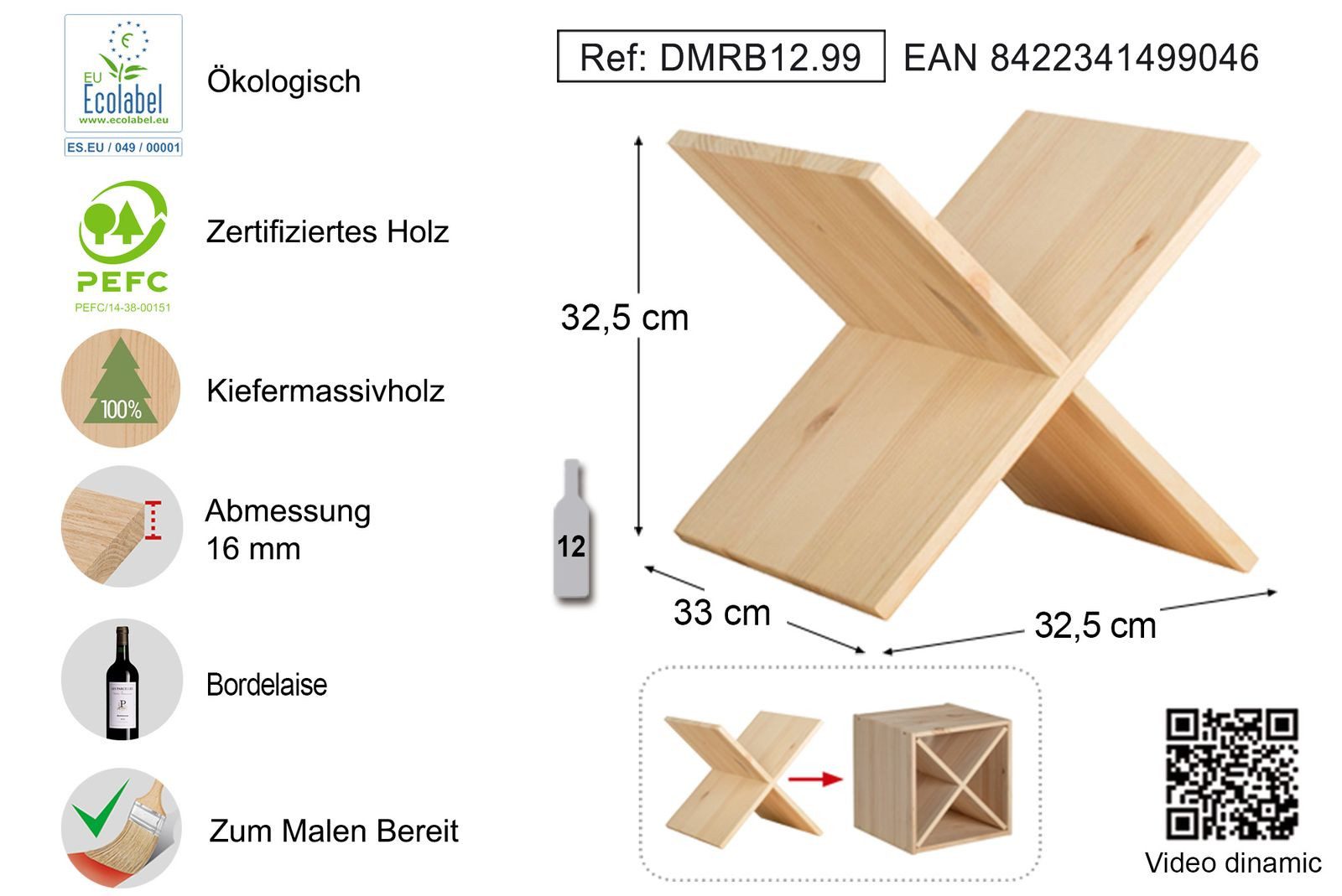 Astigarraga Kit Line Weinregal Dinamic Würfel Holzregal Schrankmodul Weinregal, massives Kiefernholz, modular kombinierbar, bis zu 12 Flaschen