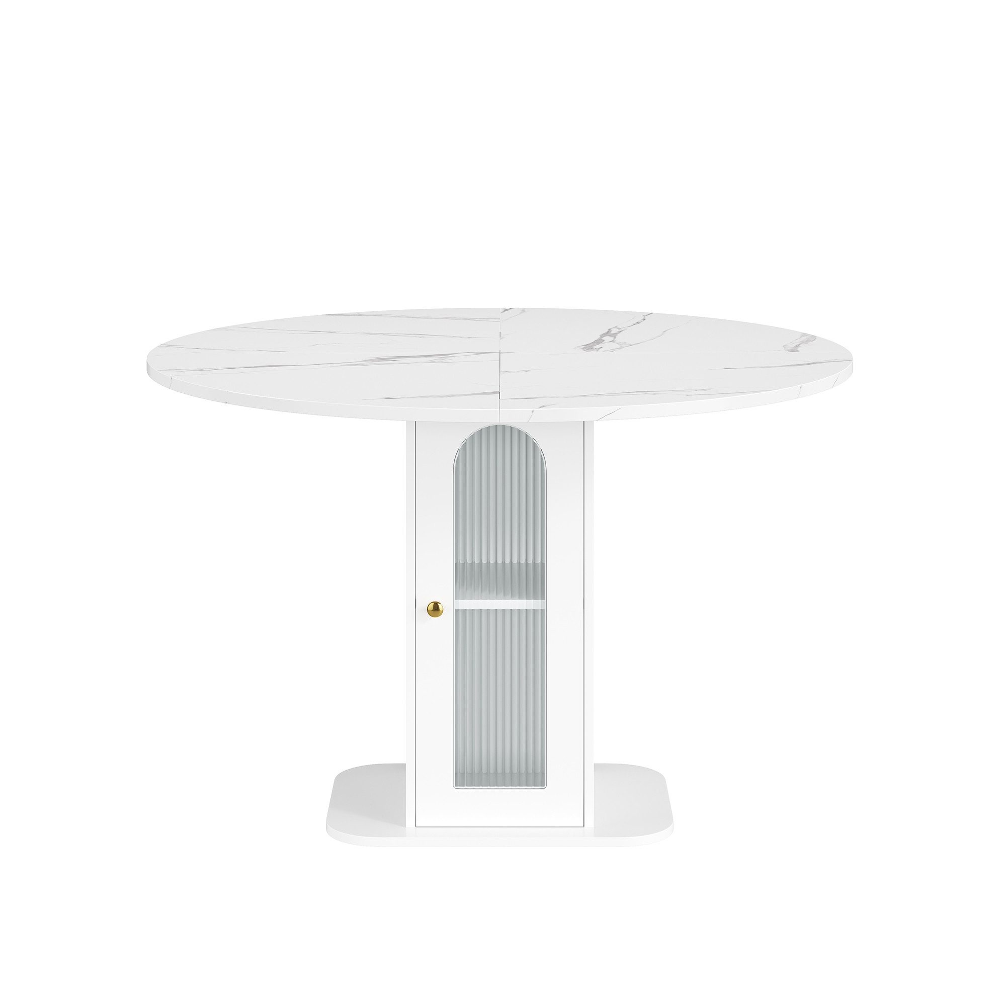 Flieks Esstisch Tischplatte in Marmoroptik (1-St., 80x75 cm), runder Küchentisch mit Riffelglas-Tür und verstellbarer Regalen Weiß