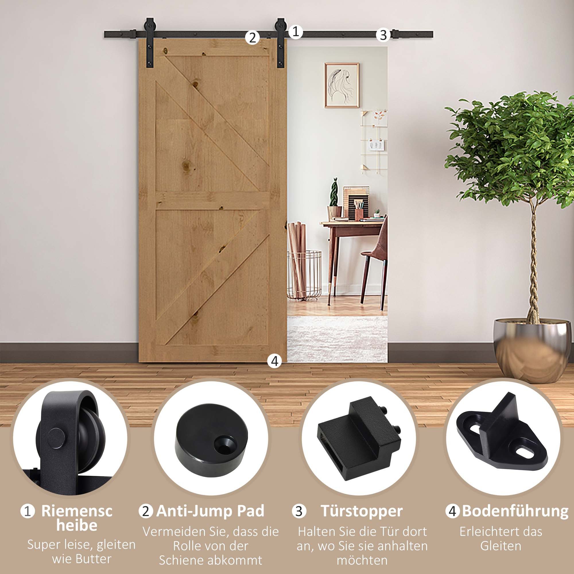 HOMCOM Türbeschlag Komplett-Set mit Schienen, Rollen, Schienenstopper (Schiebetürsystem, 1 St., Schiebetüren-Beschlagsatz), aus Kohlenstoffstahl Schwarz – Bild 5 von 5