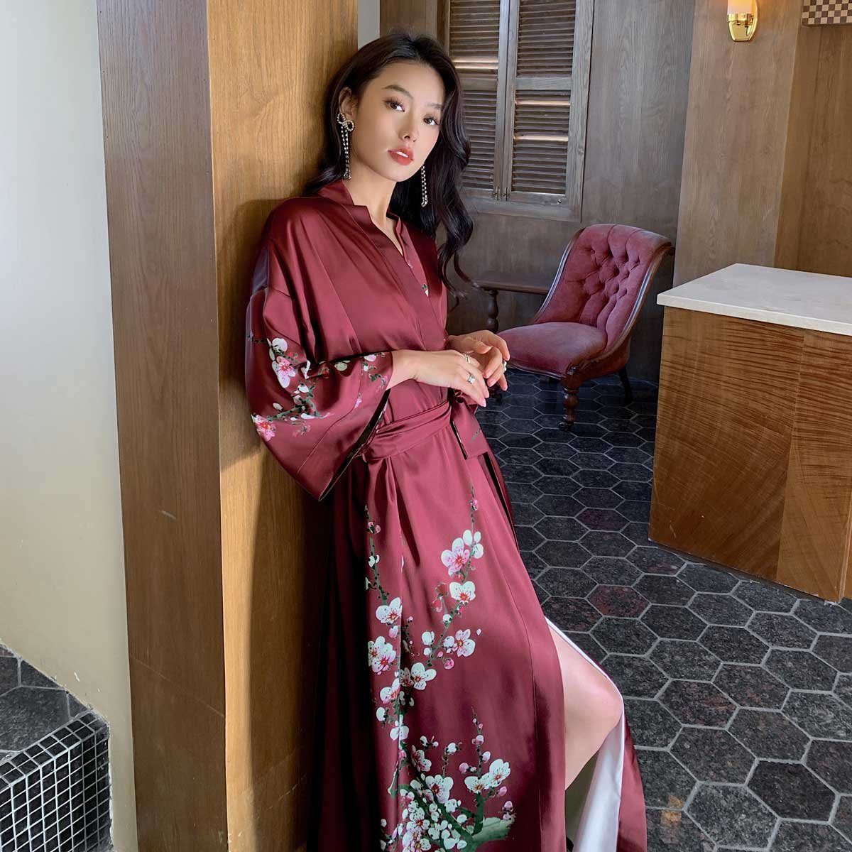 Vivi Idee Morgenmantel Schlafmantel Bademantel kimono lang leicht satin Einheitsgröße, Prunus mume