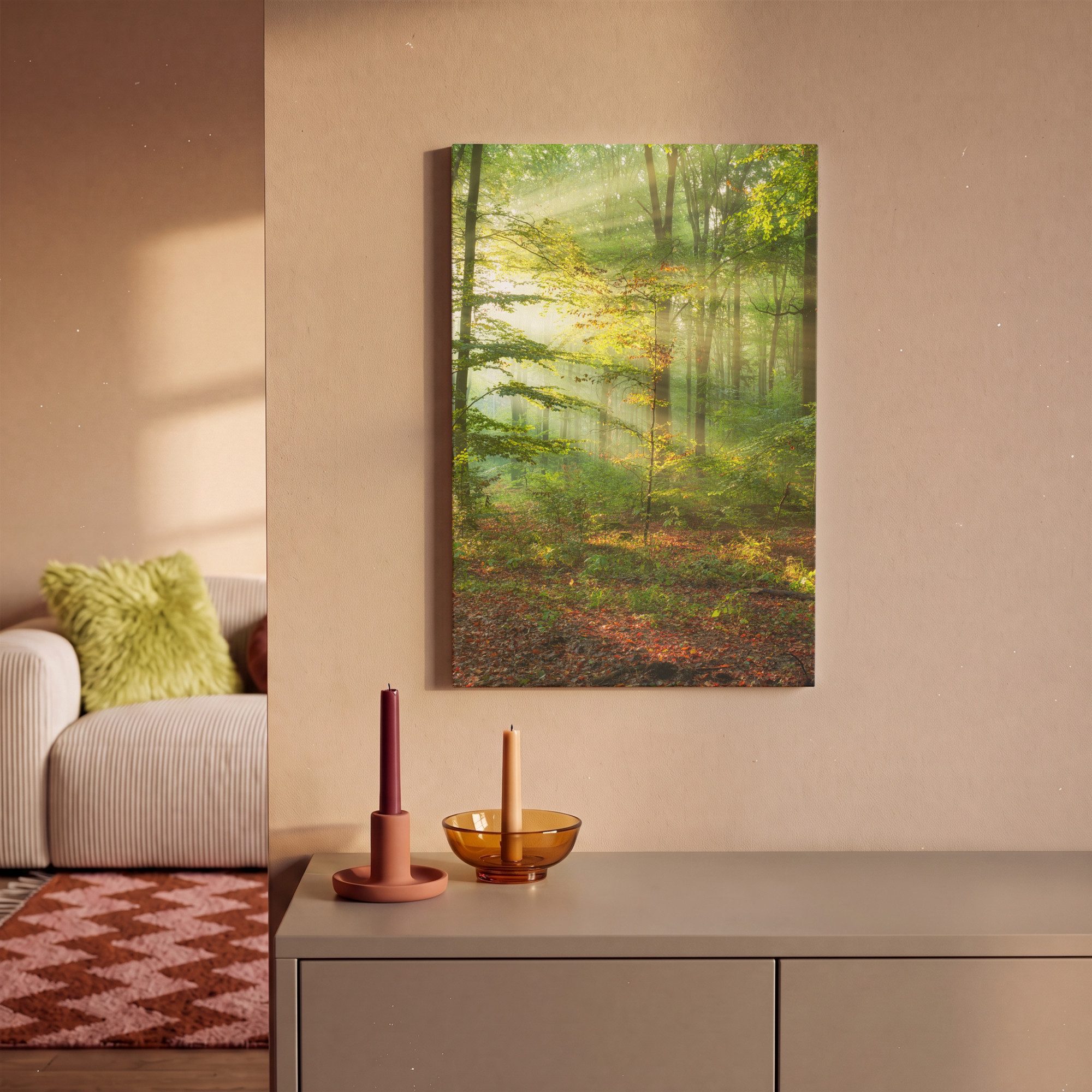 OneMillionCanvasses® Leinwandbild Sonne - Wald - Bäume - Natur - Herbst, Fotodruck (1 St), Wandbild, Deko Schlafzimmer Wohnzimmer Flur 20x20 cm – Bild 2 von 5