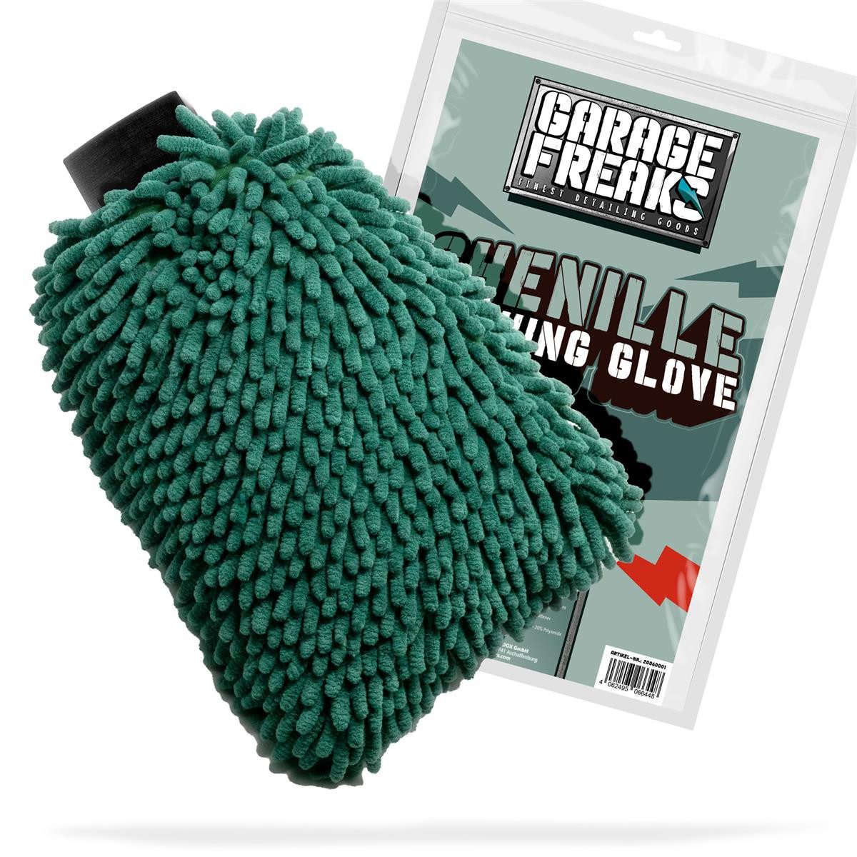 Garage Freaks Waschhandschuh Auto Waschhandschuh - CHENILLE WASHING GLOVE in Dunkelgrün, (1-St), aus Mikrofaser - Stretchband - Zotteln für saugstarke Reinigung