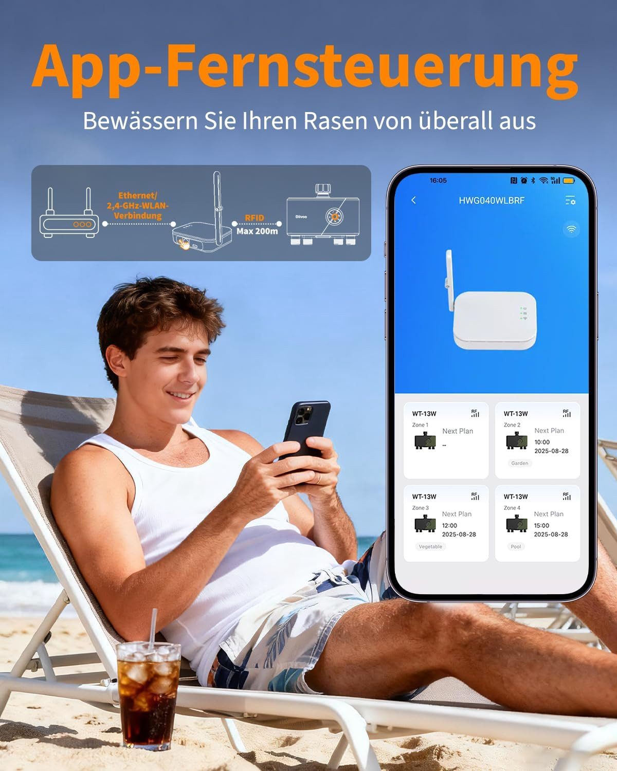 Diivoo Bewässerungssystem Bewässerungscomputer 4 Ausgänge WLAN mit Messingeinlass mit WLAN, APP