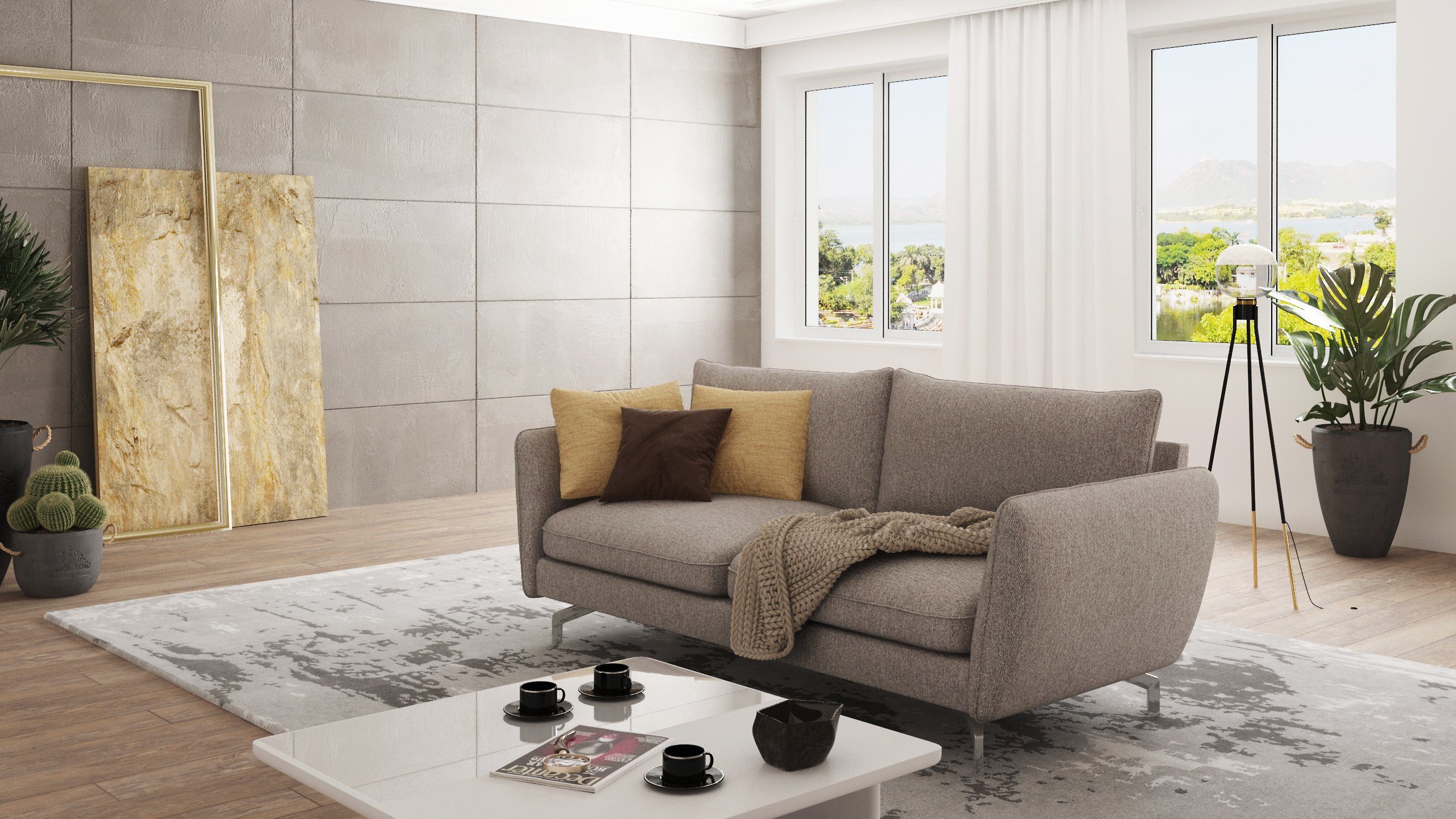 mit Füßen, Benita Metall Sofa Dunkelbeige S-Style mit 3-Sitzer Silber Möbel Modernes Wellenfederung