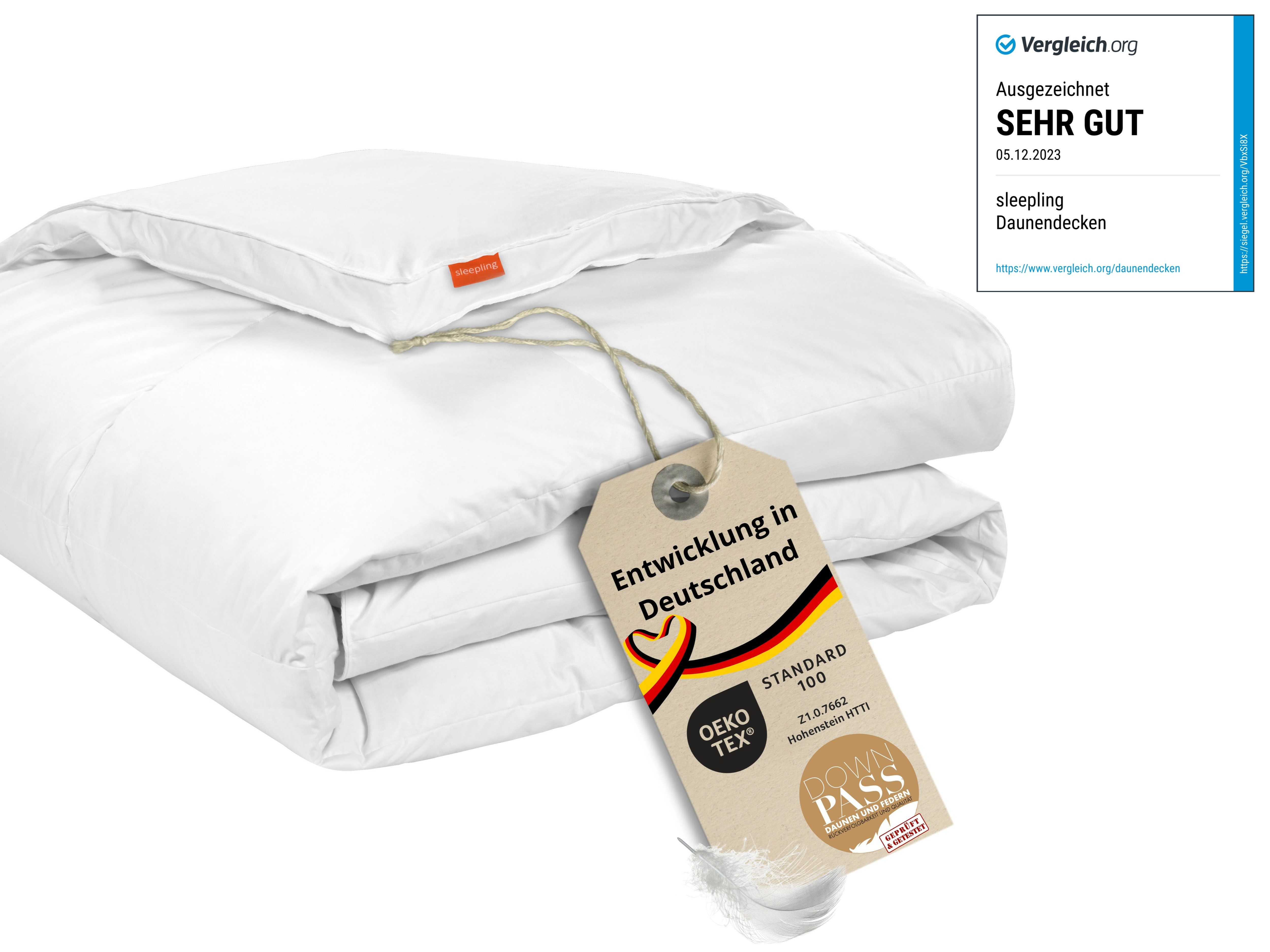 sleepling Daunenbettdecke Komfort, 135 x 200 cm, 155 x 220 cm, weitere Größen und Wärmeklassen, Füllung: 90% Daunen, 10% Federn, Bezug: 100% Baumwolle, als warme Winterdecke oder leichte Sommerdecke, Downpass, Made in EU