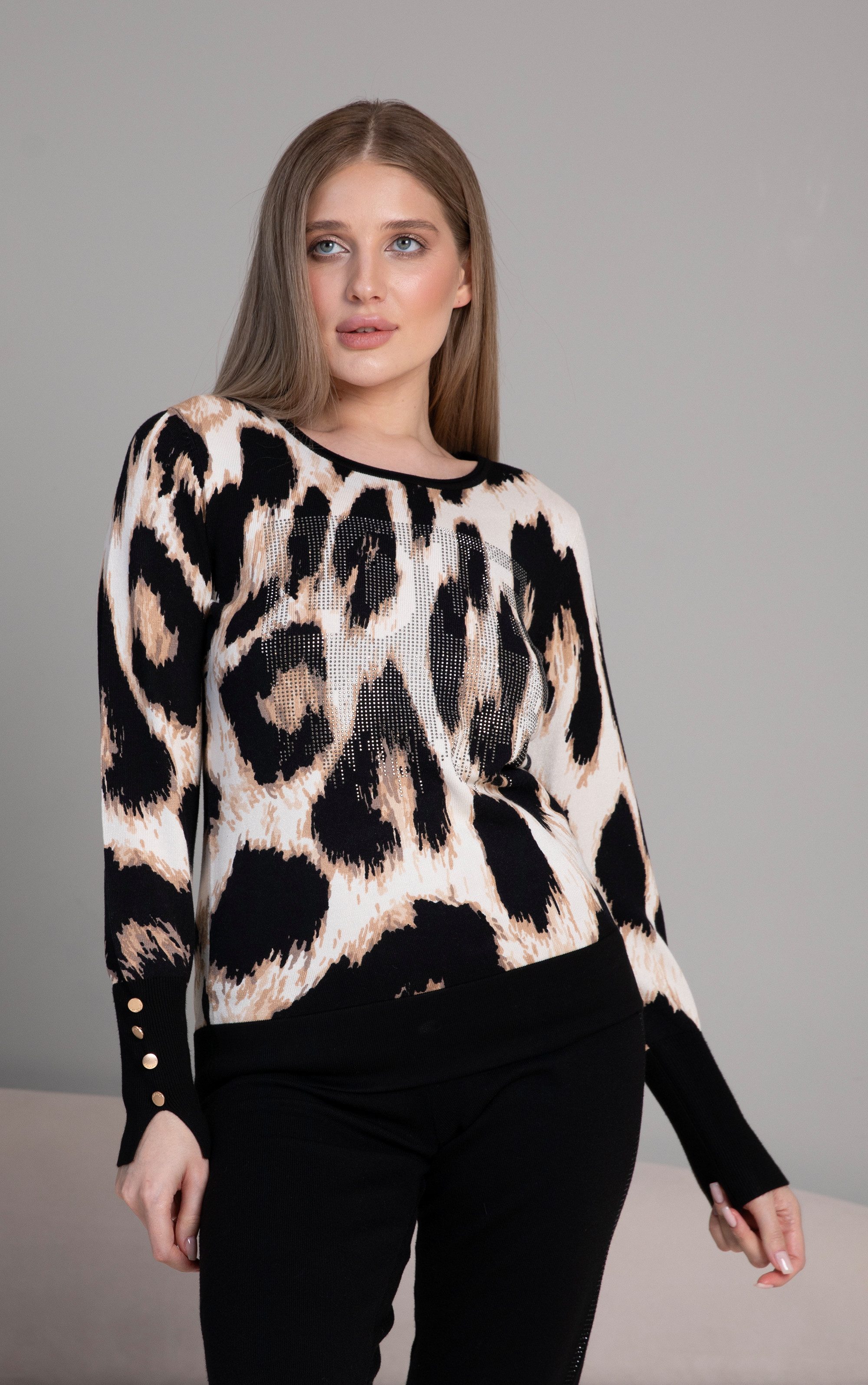 Passioni Strickpullover mit Tiermuster, Strassdetail vorne günstig online kaufen