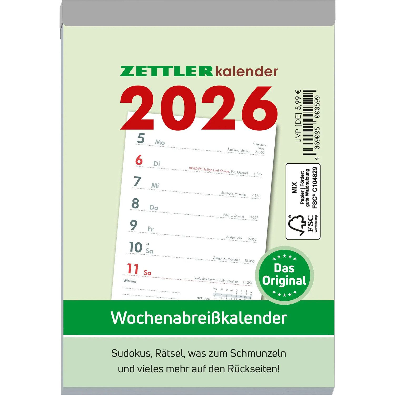 NEUMANN Wandkalender Wochenabreißkalender 2026 - 10,5x14,6 cm - 1 Woche auf 1 Seite -...