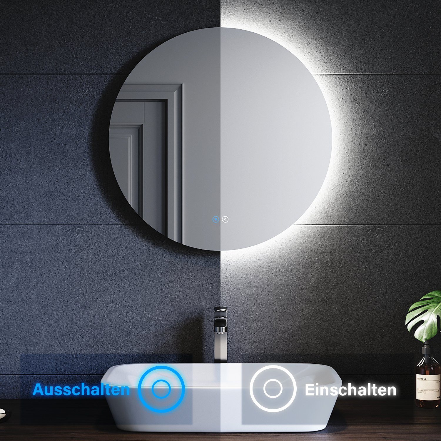 SONNI Badspiegel Rund 80 Beschlagfrei-Funktion, Beleuchtung, Energiesparend Ø cm / Ø mit Badezimmerspiegel LED, 60 Touchschalter, cm