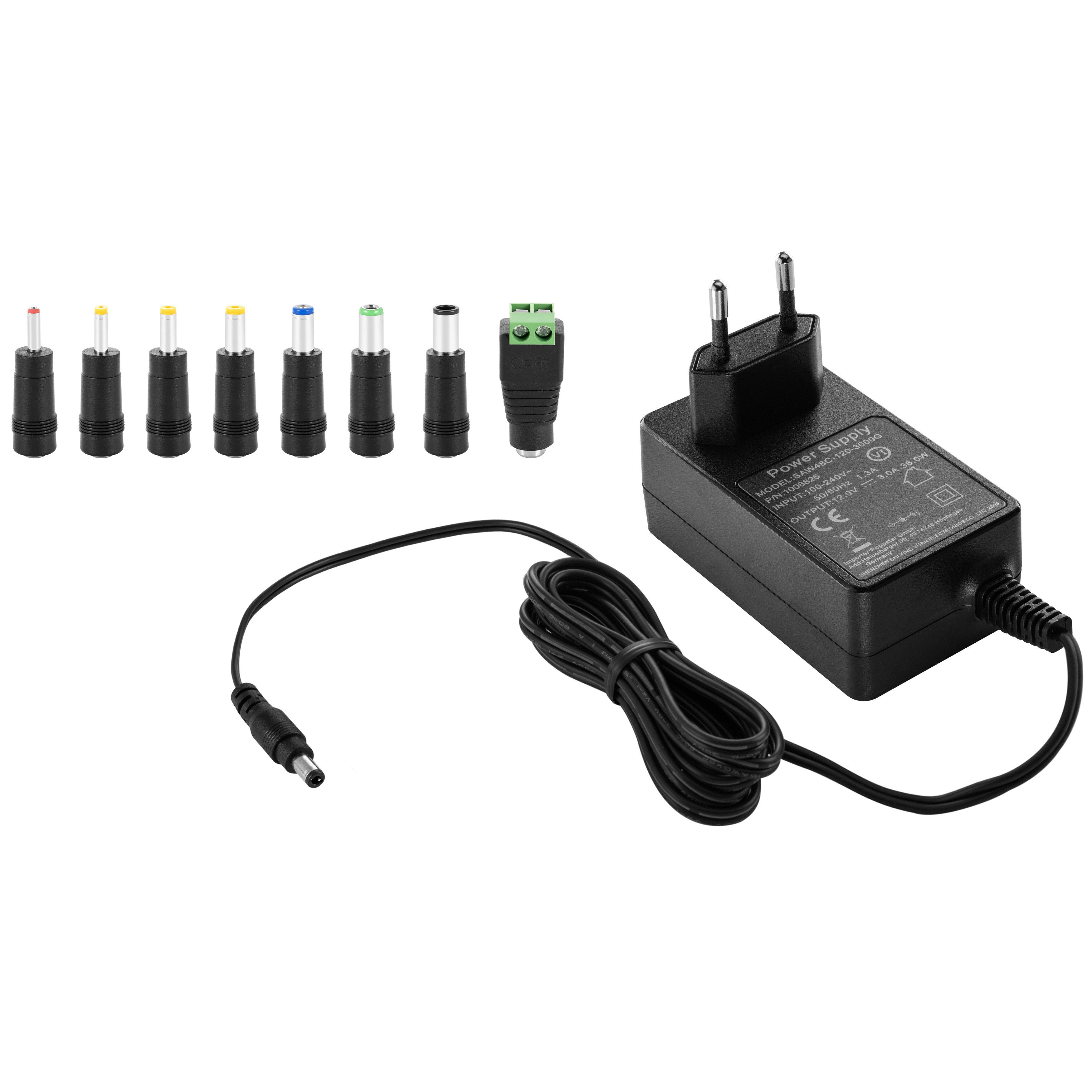 Poppstar Universal AC DC Netzteil, Steckernetzteil 12V 3A Universal-Netzteil (3000mA, 5,5/2,5mm Stromadapter mit 8er Hohlstecker Set, 150cm)